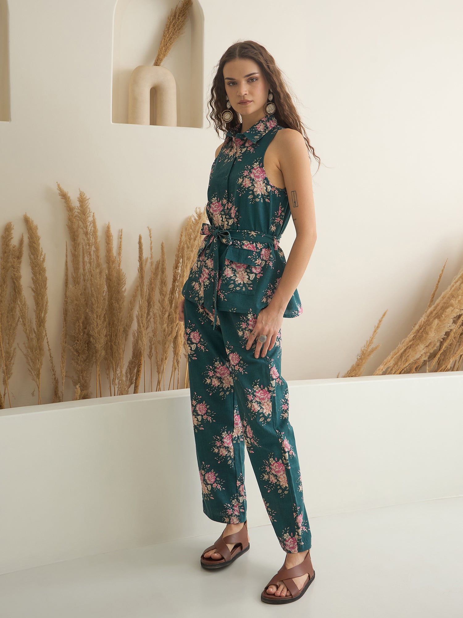 Sea Green Shirt Collar Pure Cotton Top Printed Co-ords Set for Women