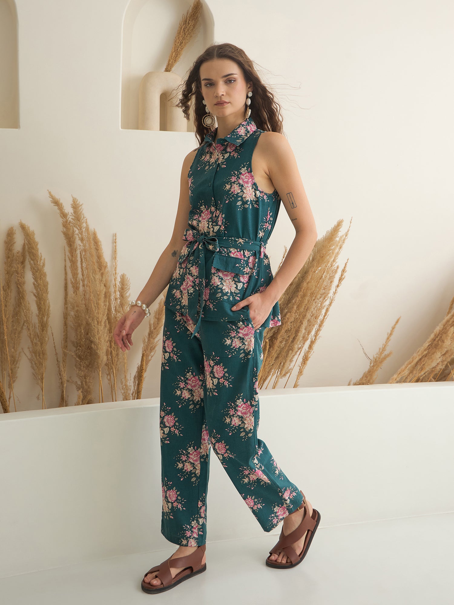 Sea Green Shirt Collar Pure Cotton Top Printed Co-ords Set for Women