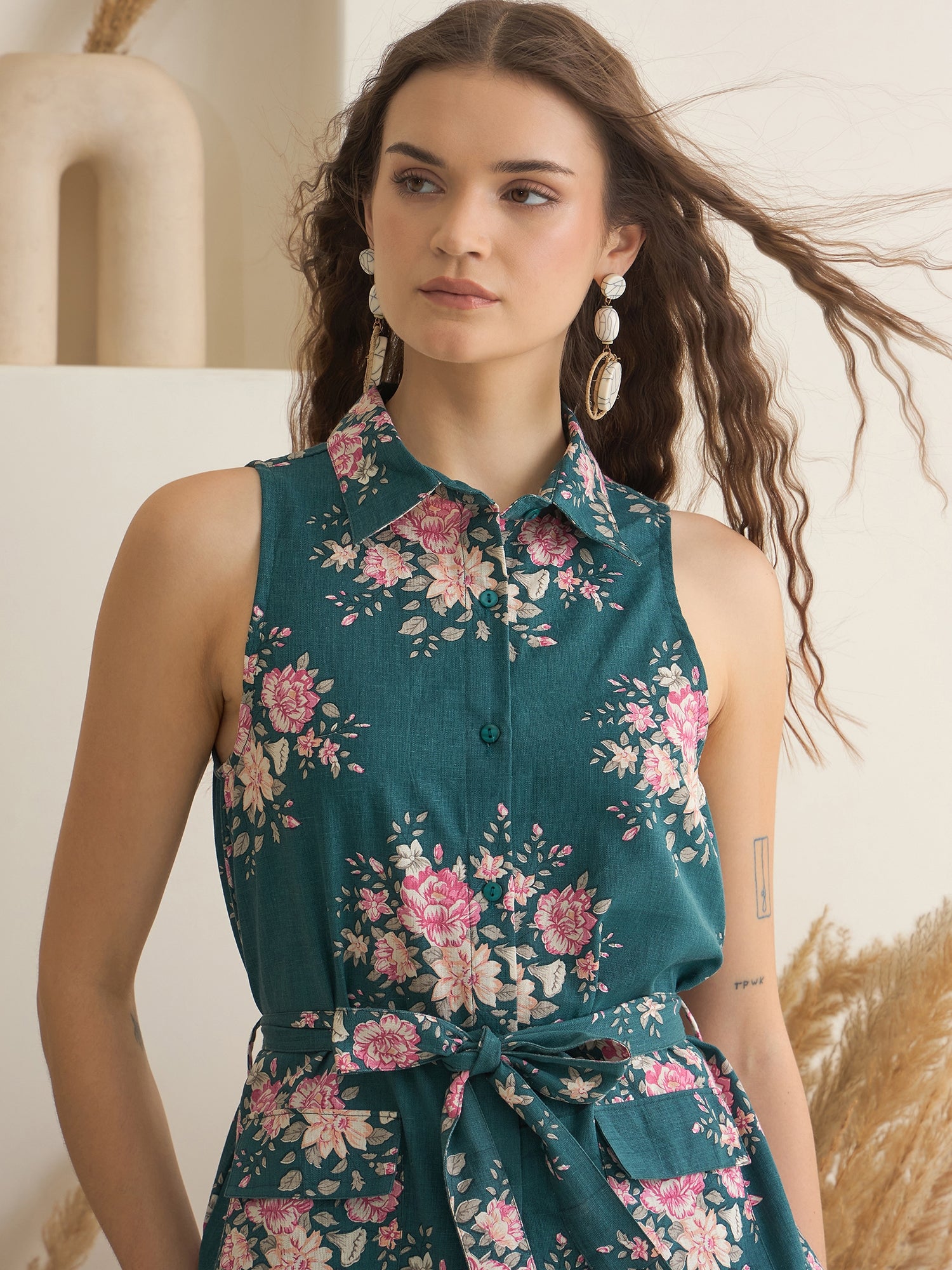 Sea Green Shirt Collar Pure Cotton Top Printed Co-ords Set for Women