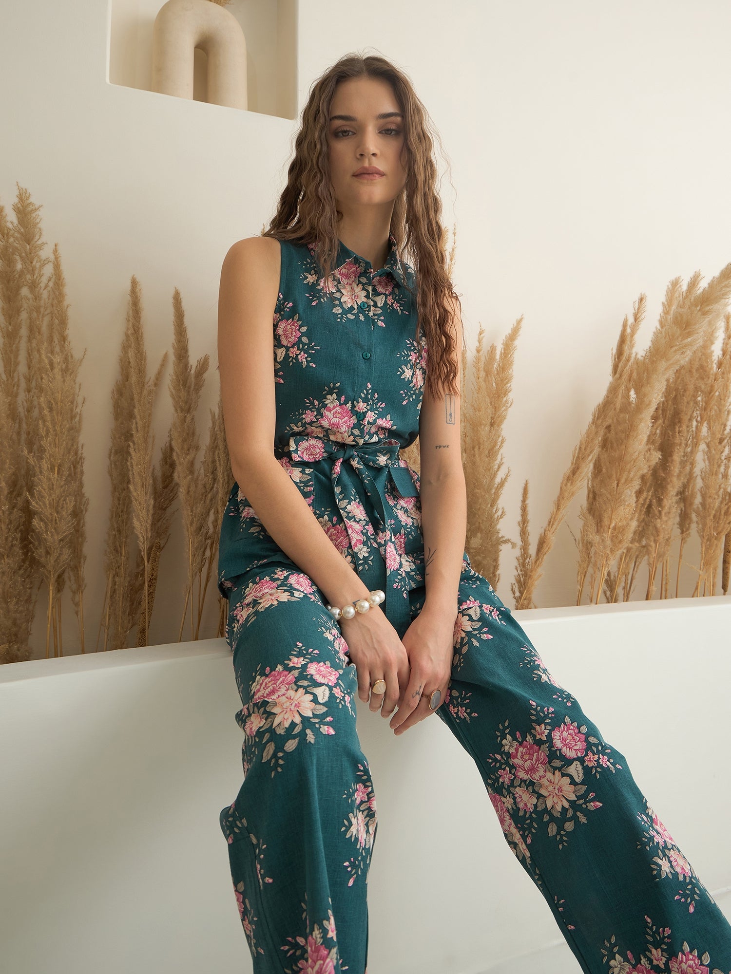 Sea Green Shirt Collar Pure Cotton Top Printed Co-ords Set for Women