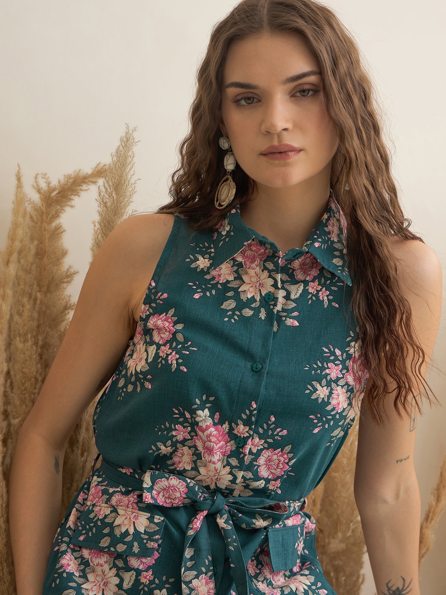 Sea Green Shirt Collar Pure Cotton Top Printed Co-ords Set for Women