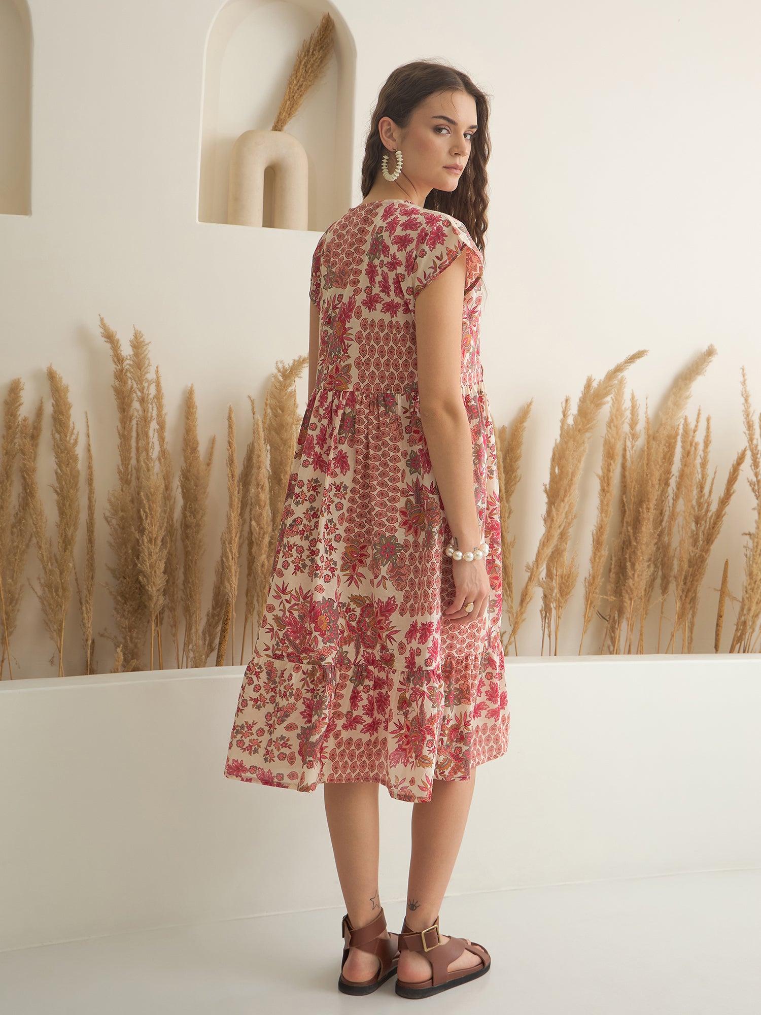 Off White Color Cotton A-Line Printed Dress for Women