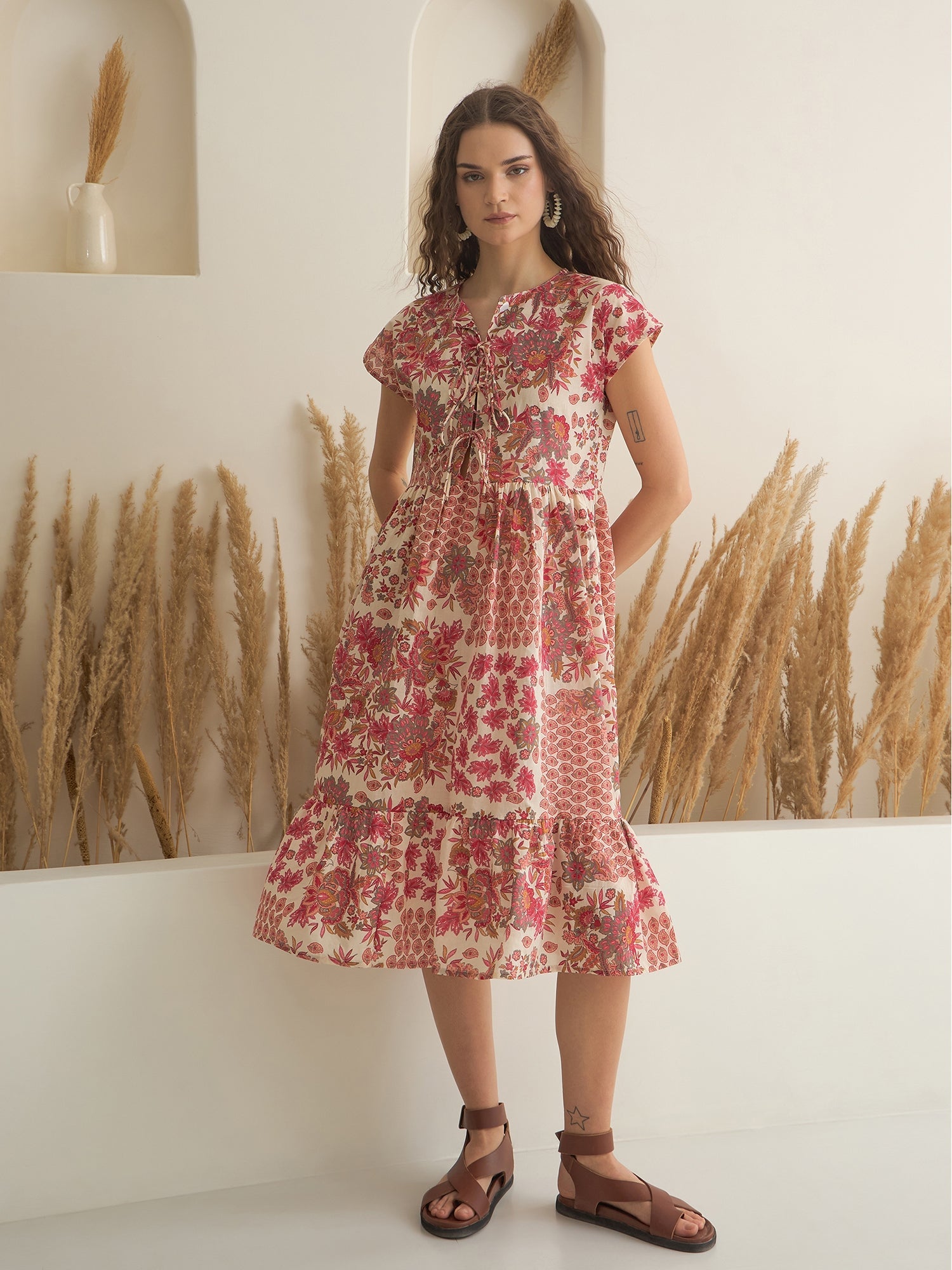 Off White Color Cotton A-Line Printed Dress for Women - SanskrutiHomes