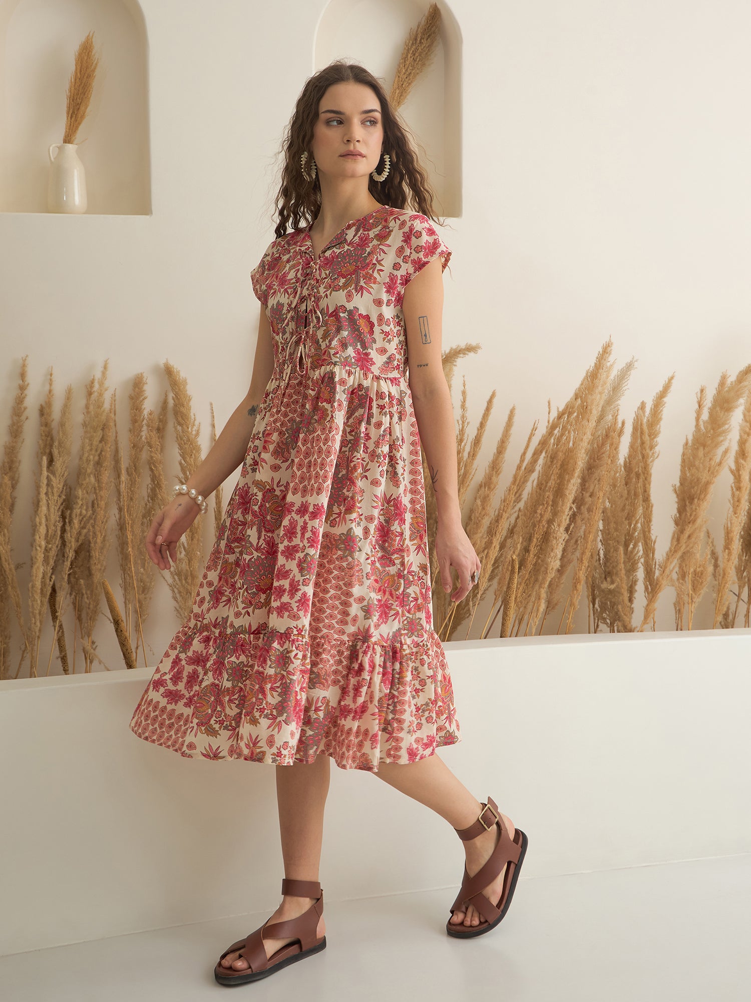 Off White Color Cotton A-Line Printed Dress for Women