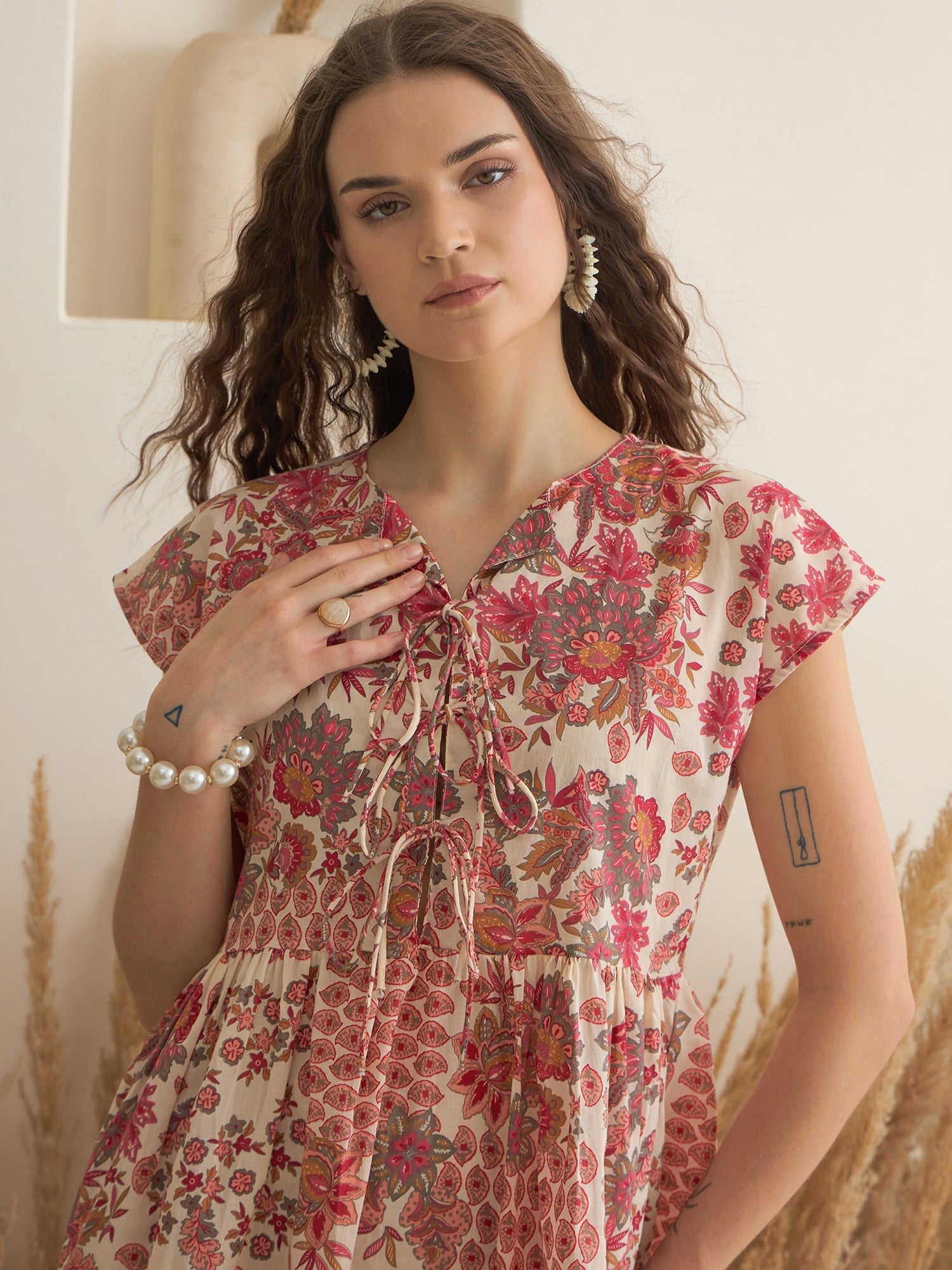 Off White Color Cotton A-Line Printed Dress for Women - SanskrutiHomes