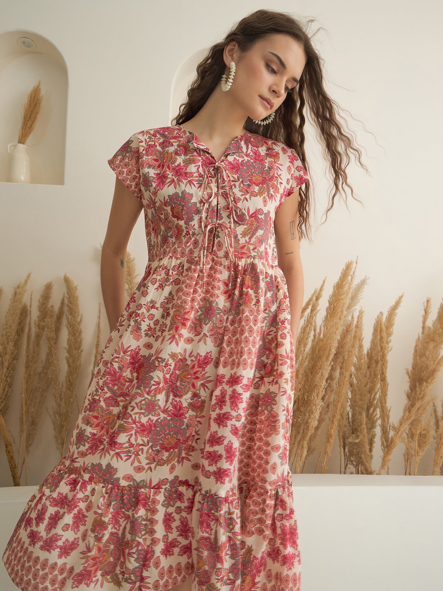 Off White Color Cotton A-Line Printed Dress for Women - SanskrutiHomes