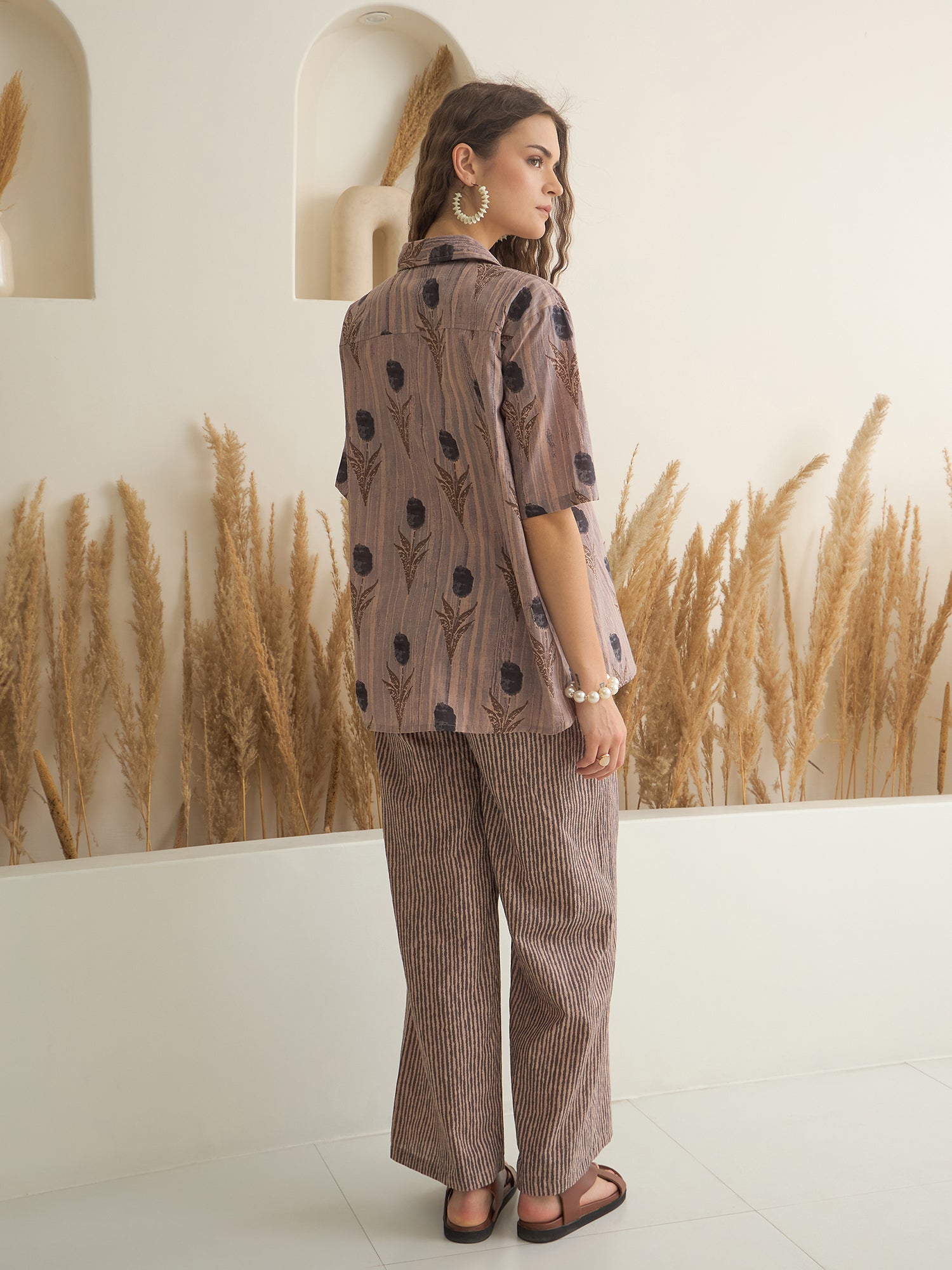 Brown Shirt Collar Pure Cotton Printed Night Suit for Women