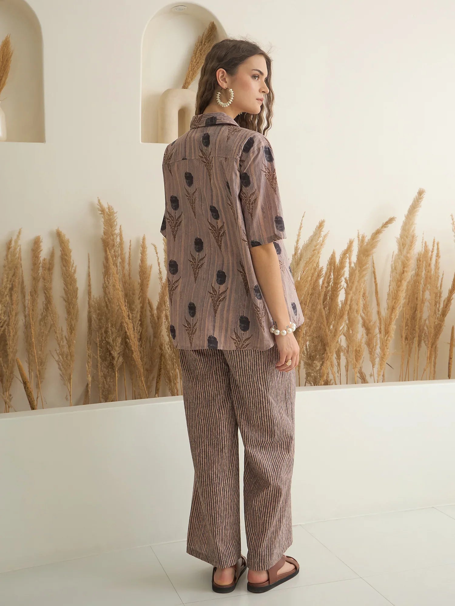 Brown Shirt Collar Pure Cotton Printed Night Suit for Women - SanskrutiHomes