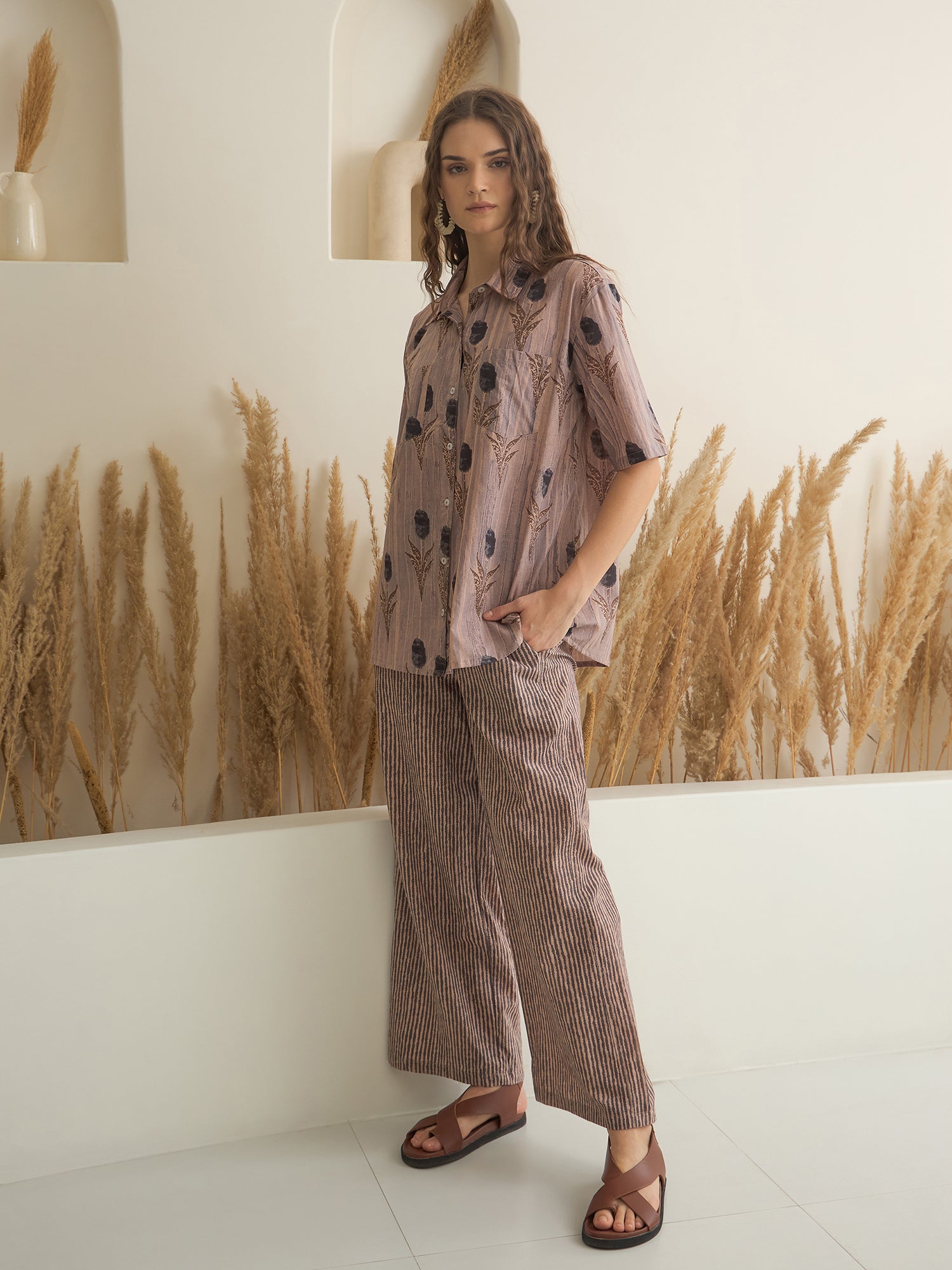 Brown Shirt Collar Pure Cotton Printed Night Suit for Women