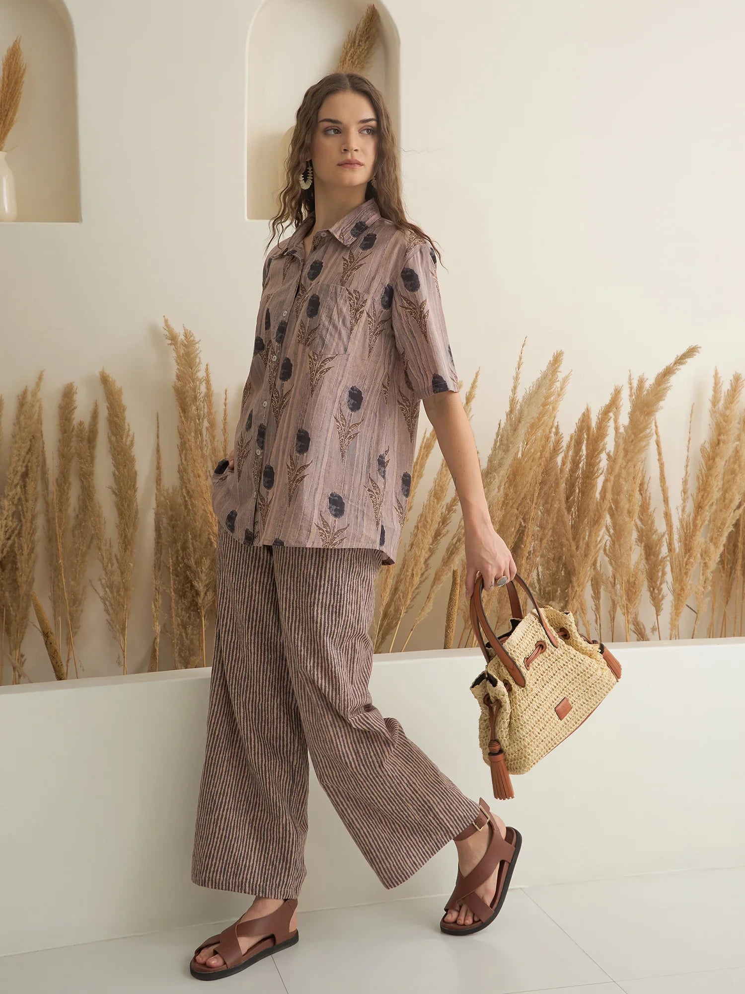 Brown Shirt Collar Pure Cotton Printed Night Suit for Women - SanskrutiHomes