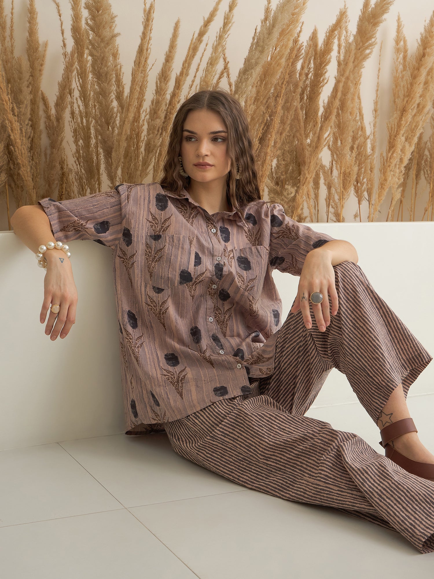 Brown Shirt Collar Pure Cotton Printed Night Suit for Women
