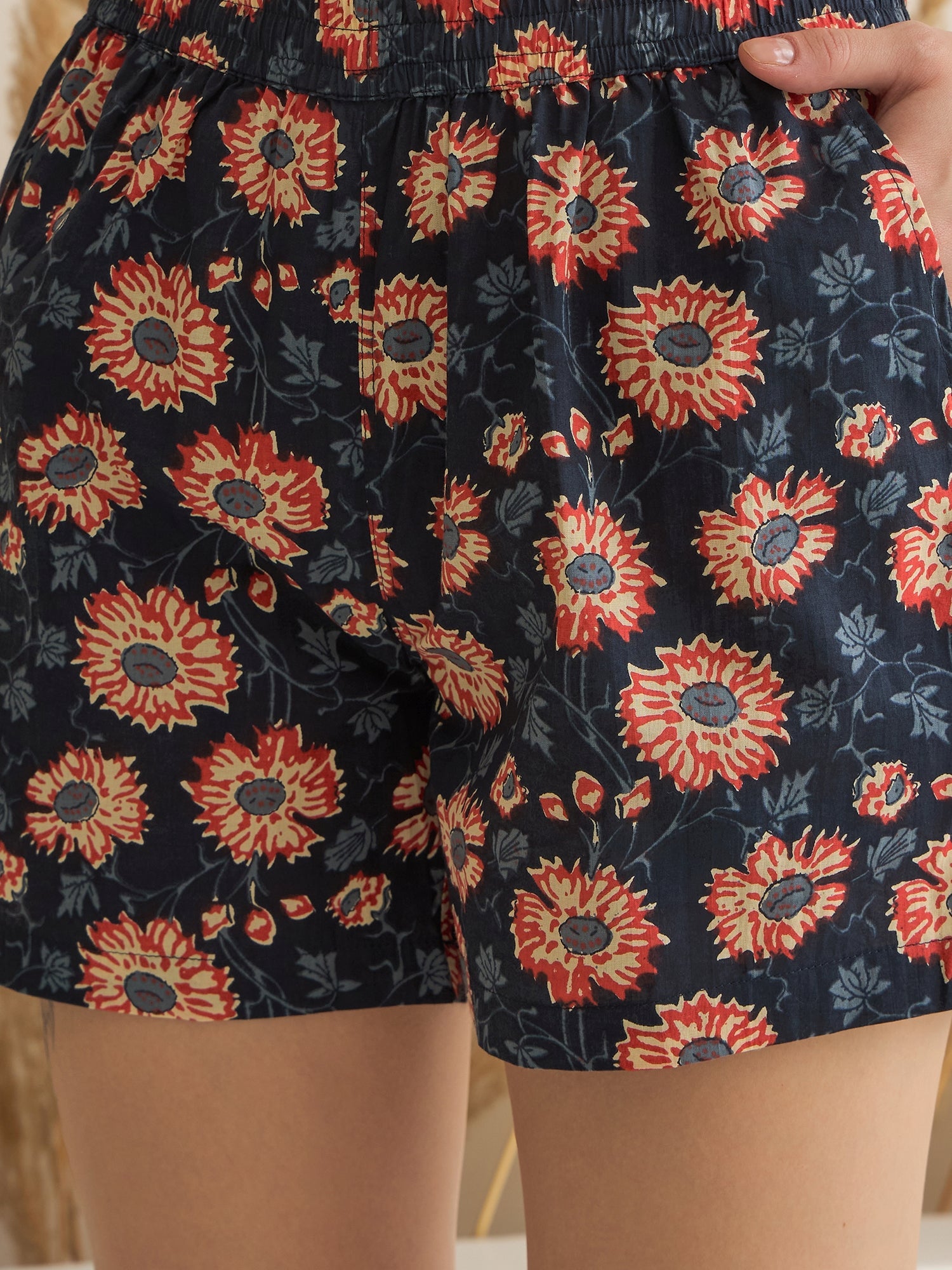 Navy Blue V-Neck Floral Printed Kaftan for Women