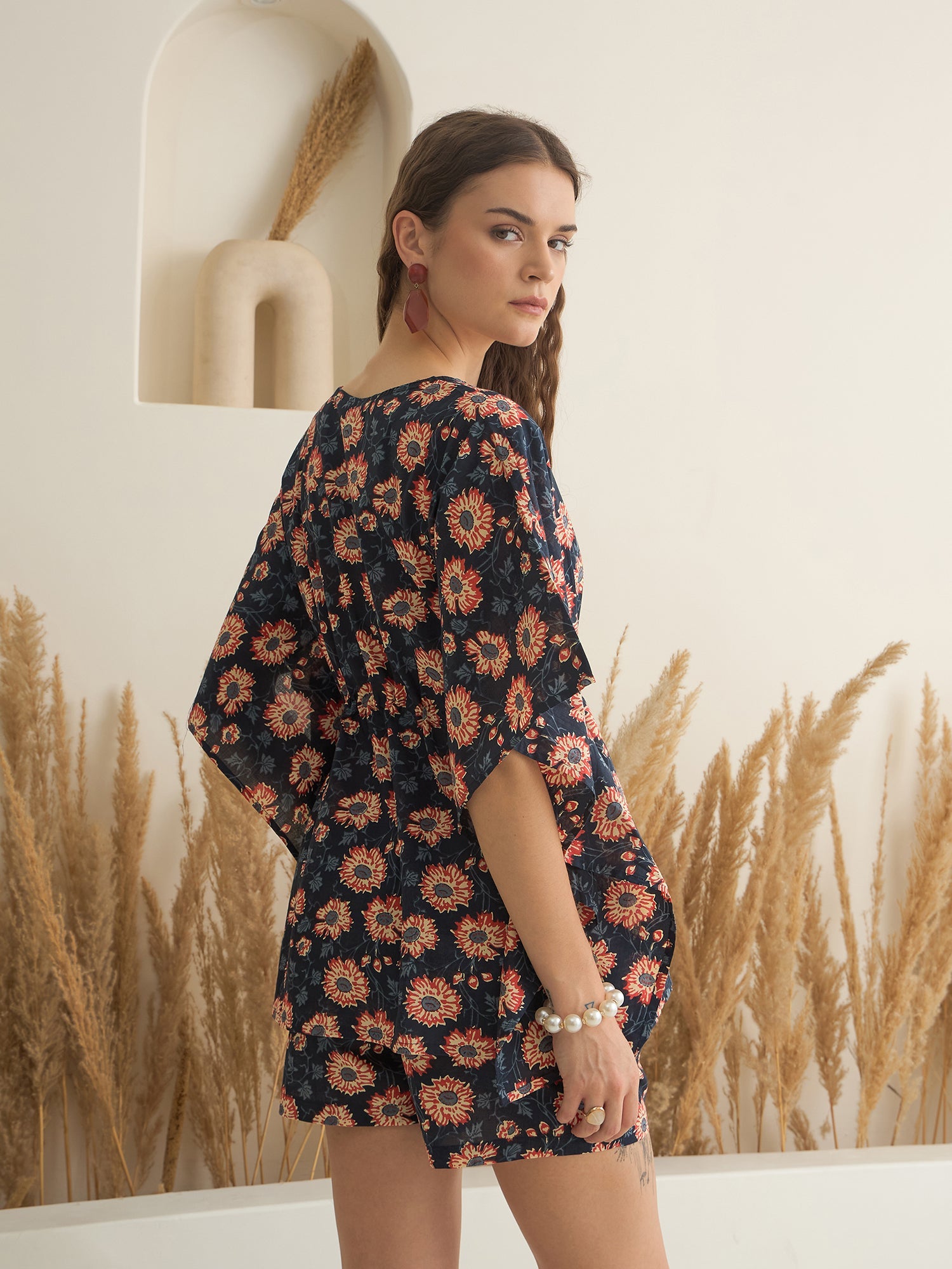 Navy Blue V-Neck Floral Printed Kaftan for Women