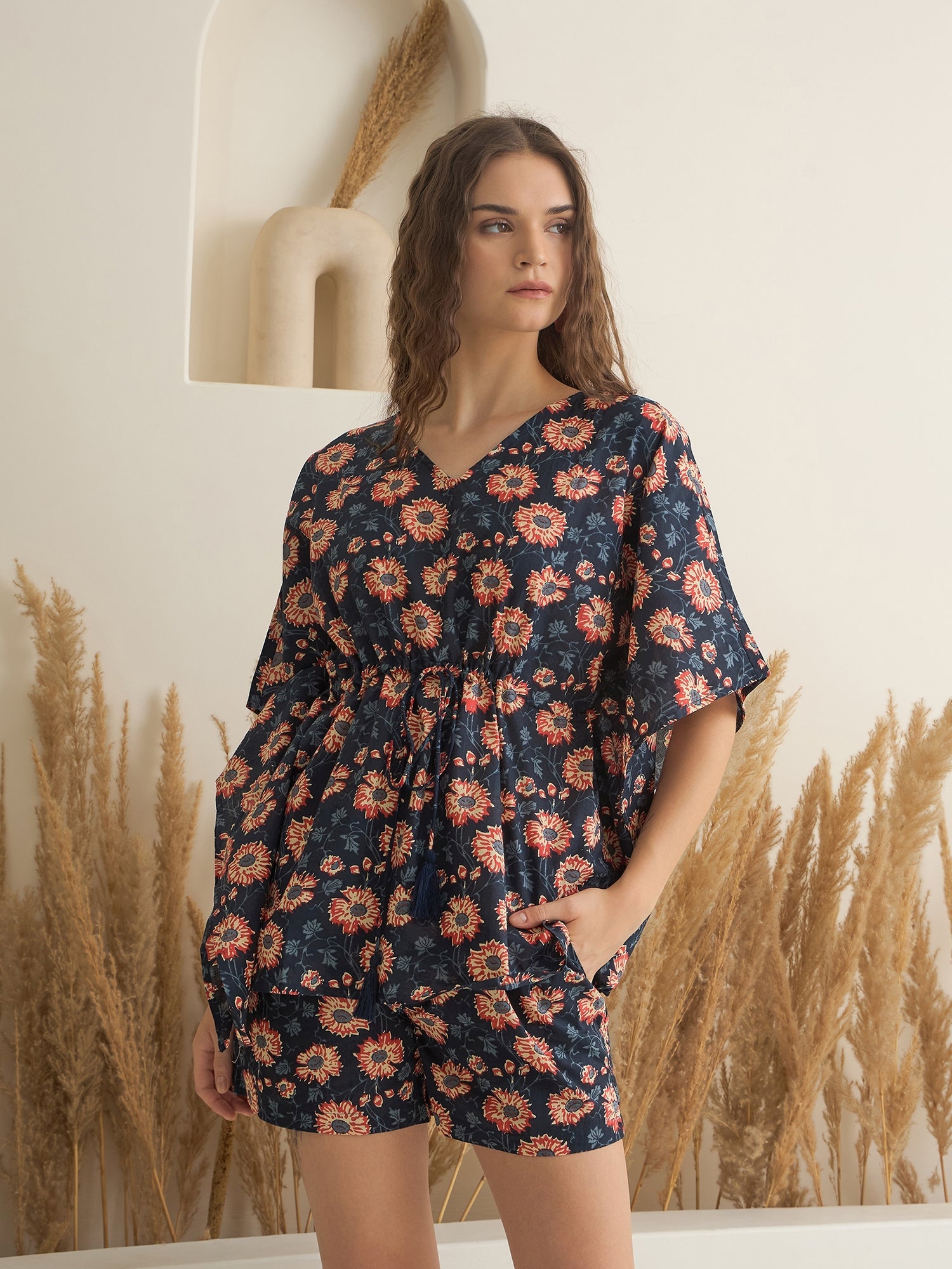 Navy Blue V-Neck Floral Printed Kaftan for Women