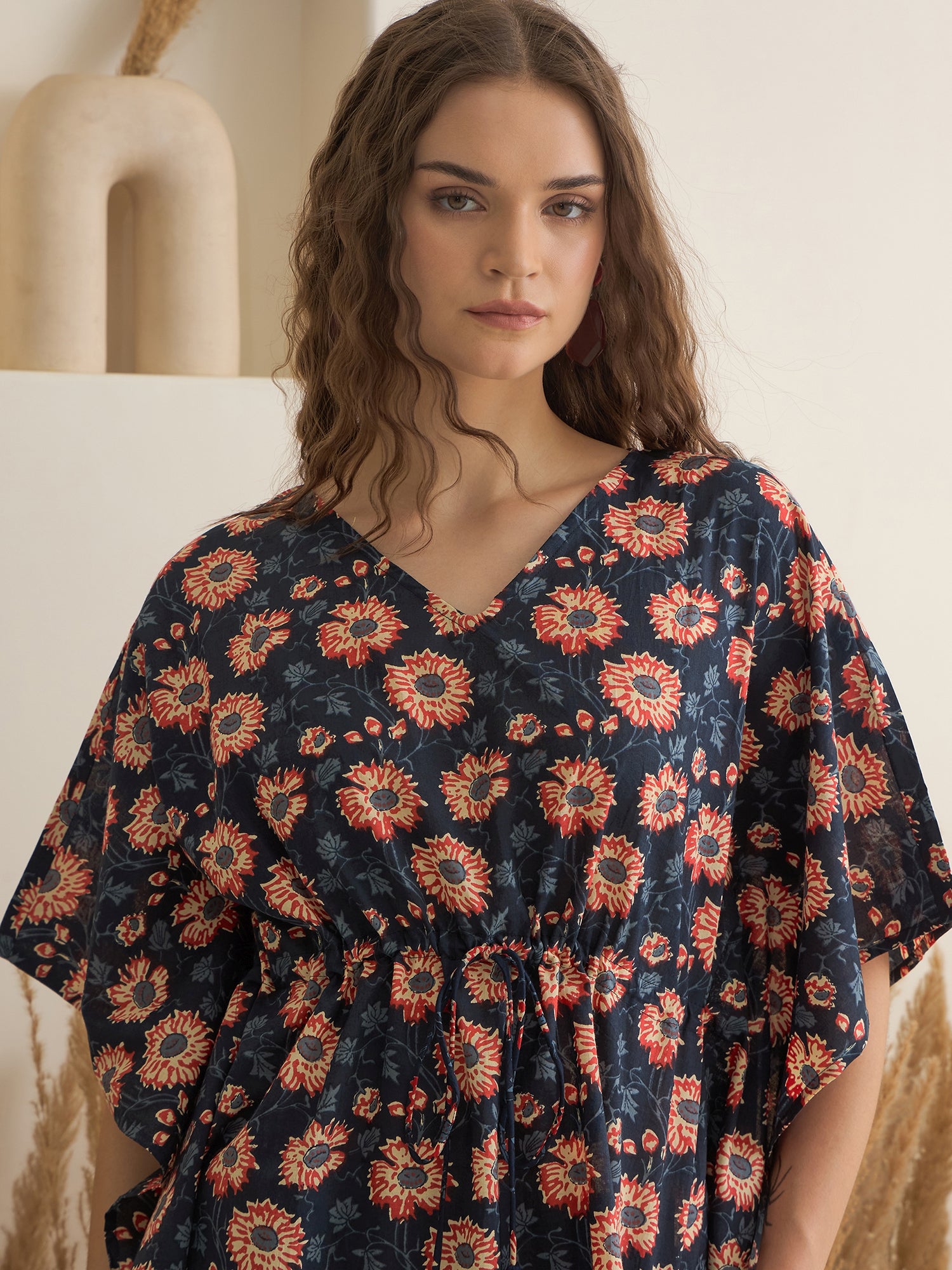 Navy Blue V-Neck Floral Printed Kaftan for Women