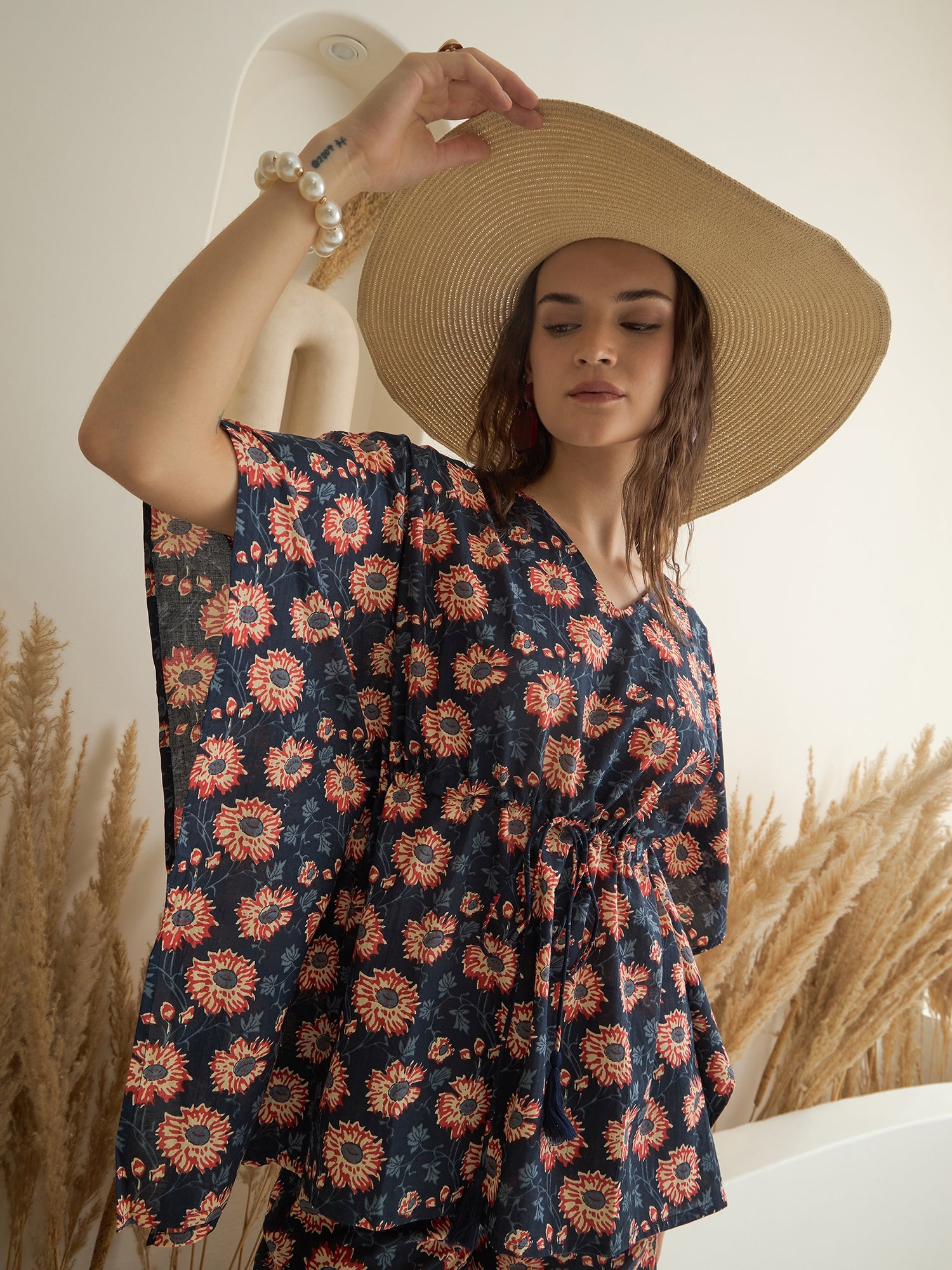 Navy Blue V-Neck Floral Printed Kaftan for Women