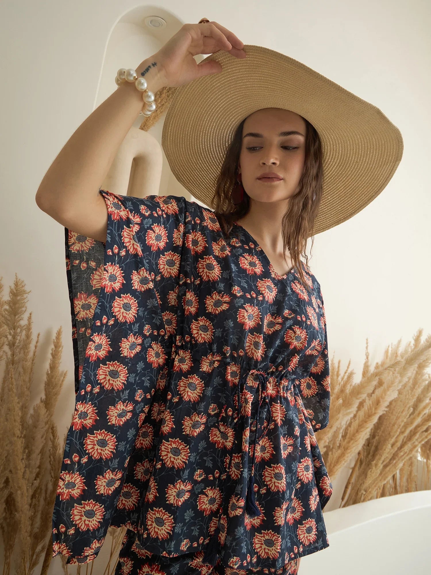 Navy Blue V-Neck Floral Printed Kaftan for Women - SanskrutiHomes