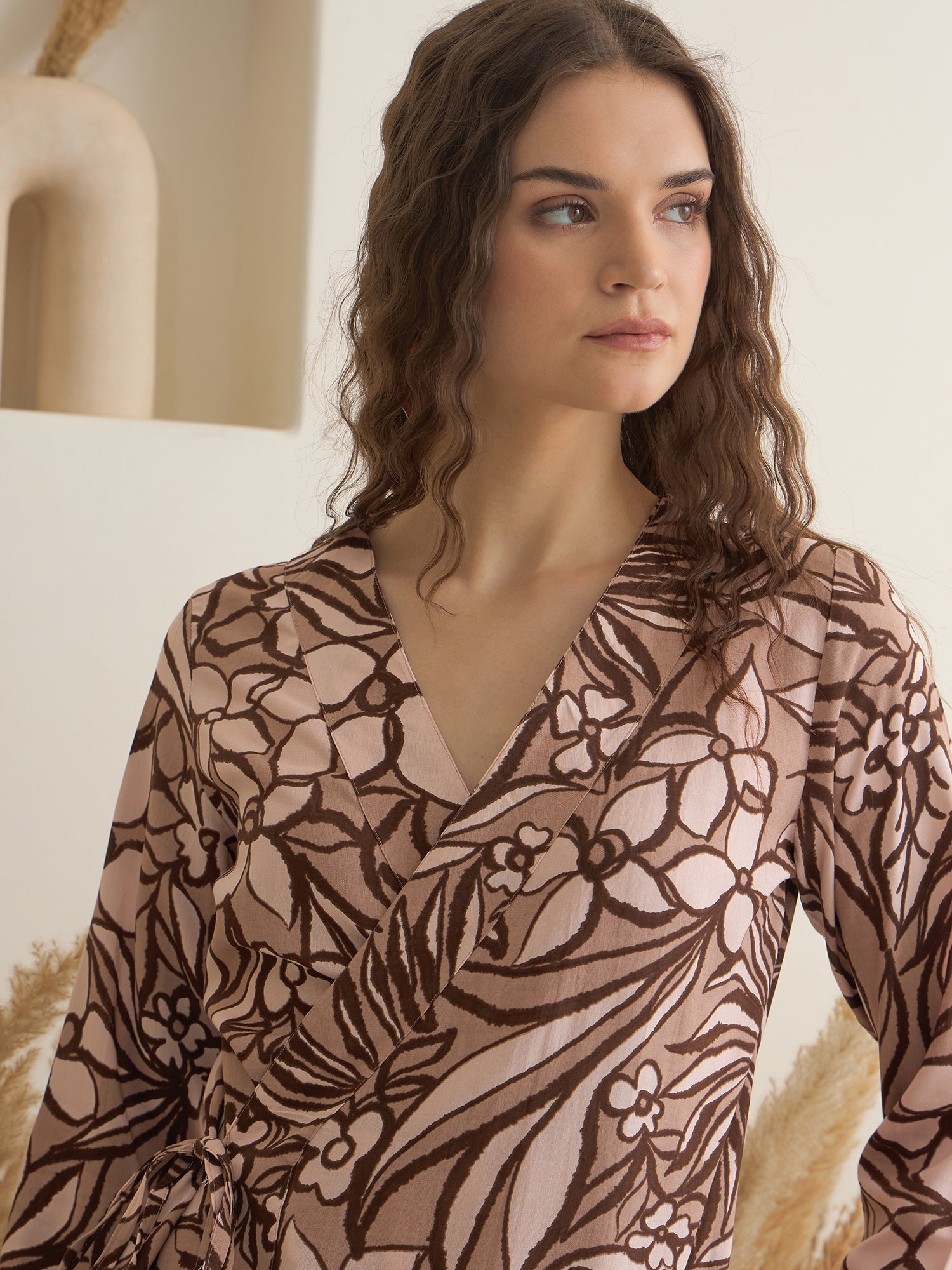 Coffee Brown V-Neck Viscose Rayon Top Printed Co-ords Set for Women