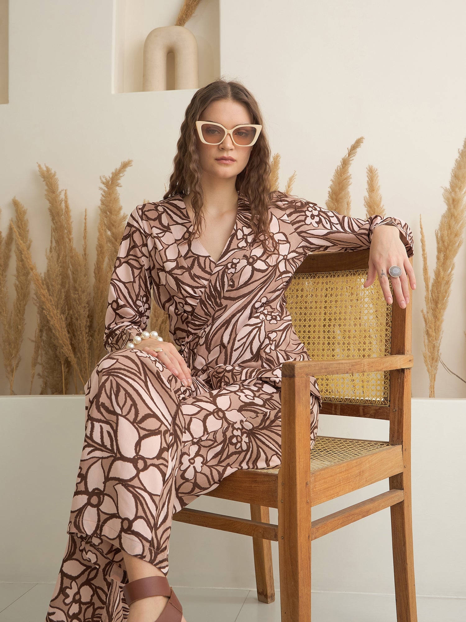 Coffee Brown V-Neck Viscose Rayon Top Printed Co-ords Set for Women