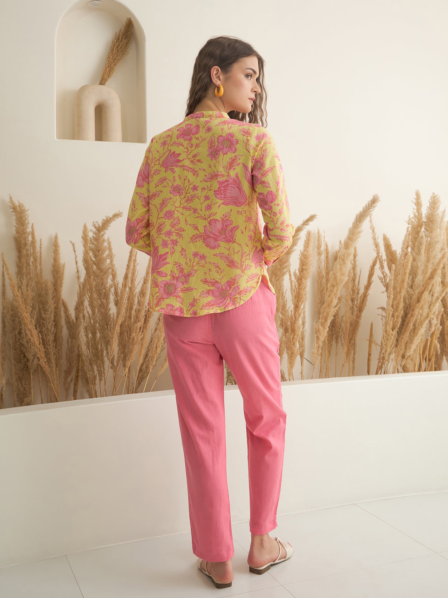 Mustard Mandarin Collar Cotton Shirt Printed Co-ords Set for Women