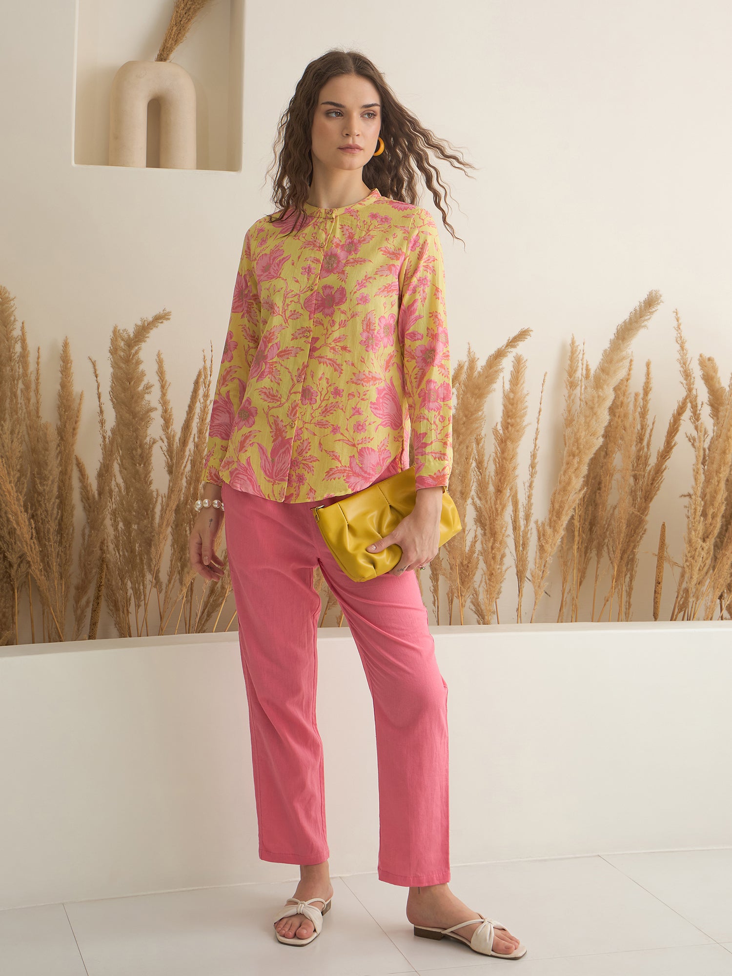 Mustard Mandarin Collar Cotton Shirt Printed Co-ords Set for Women