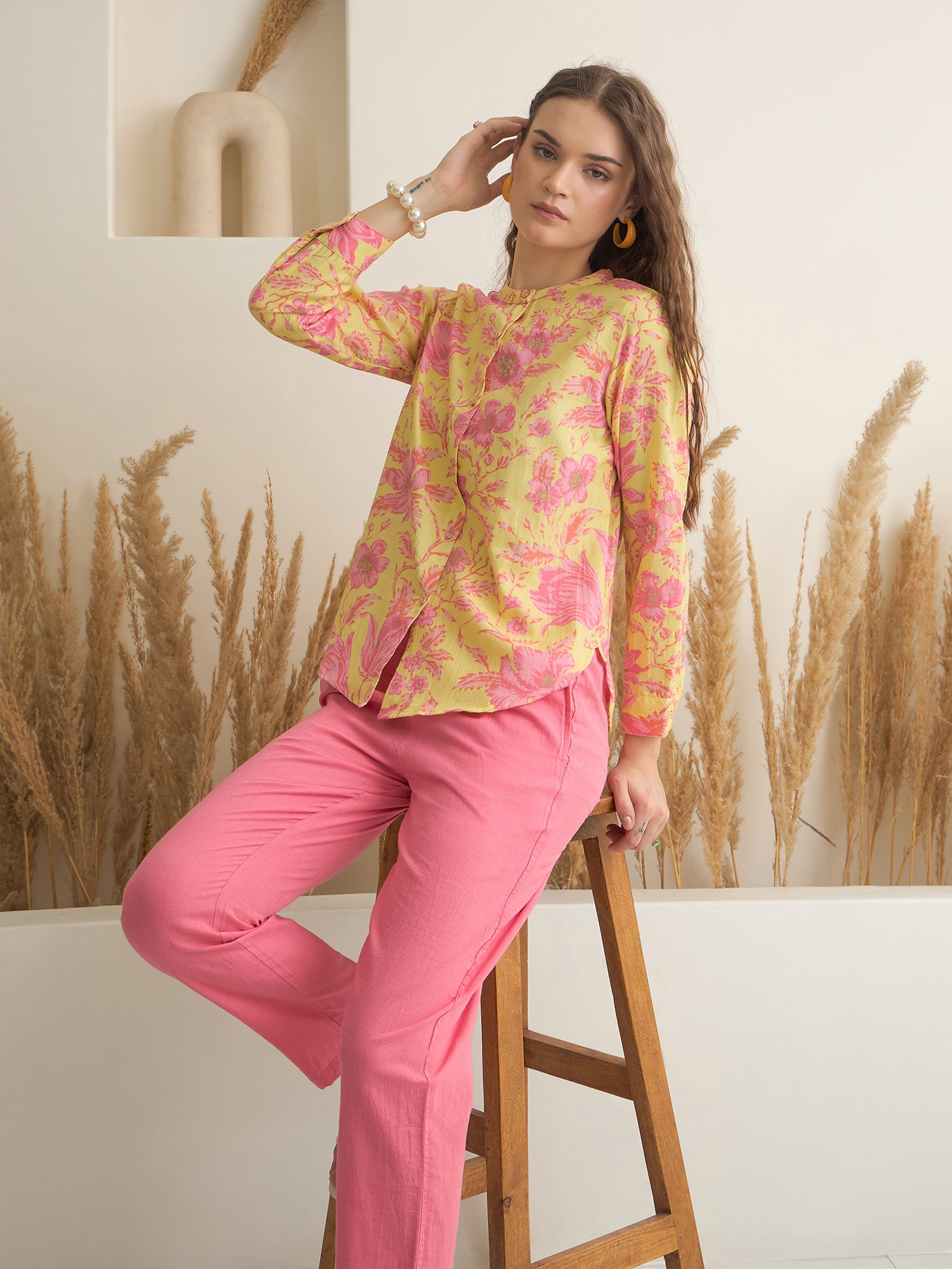 Mustard Mandarin Collar Cotton Shirt Printed Co-ords Set for Women