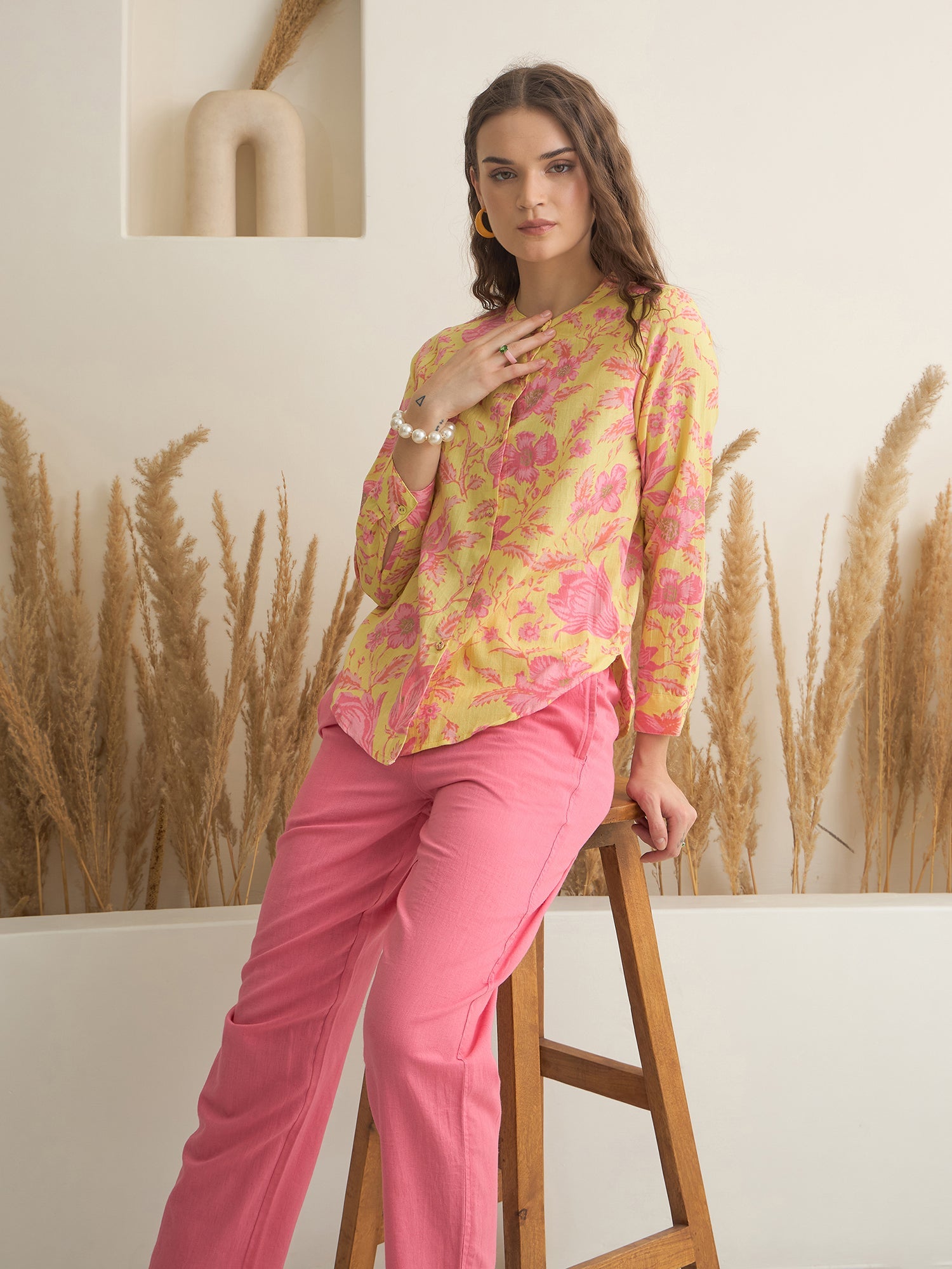 Mustard Mandarin Collar Cotton Shirt Printed Co-ords Set for Women - SanskrutiHomes