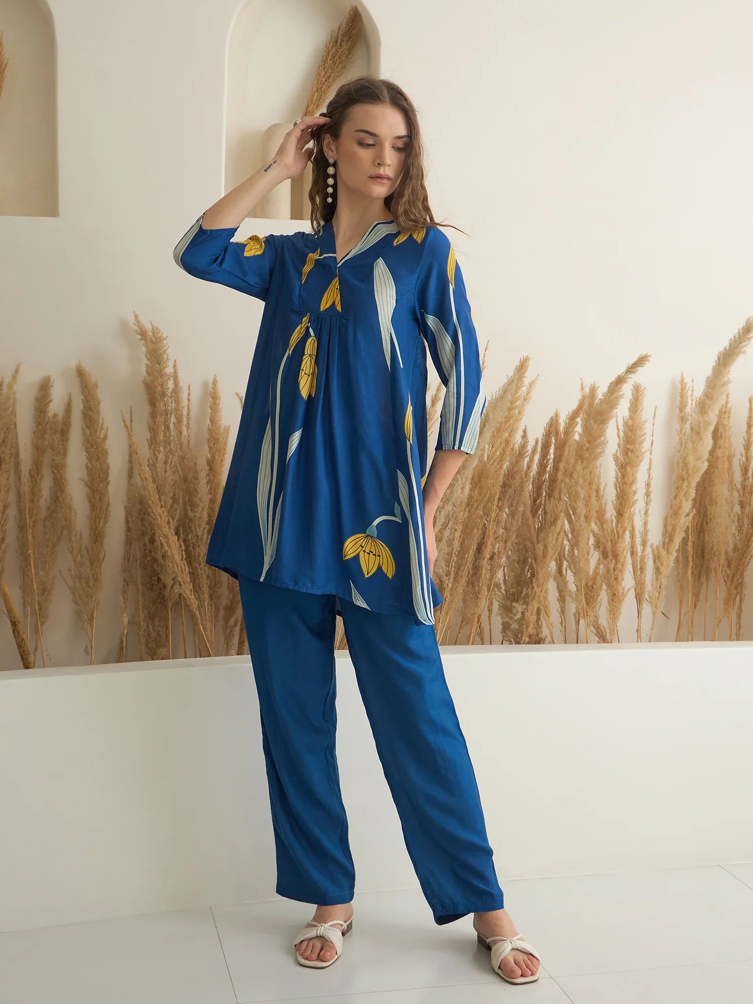 Blue Color V-Neck Silk Blend Printed Co-ords Set for Women - SanskrutiHomes