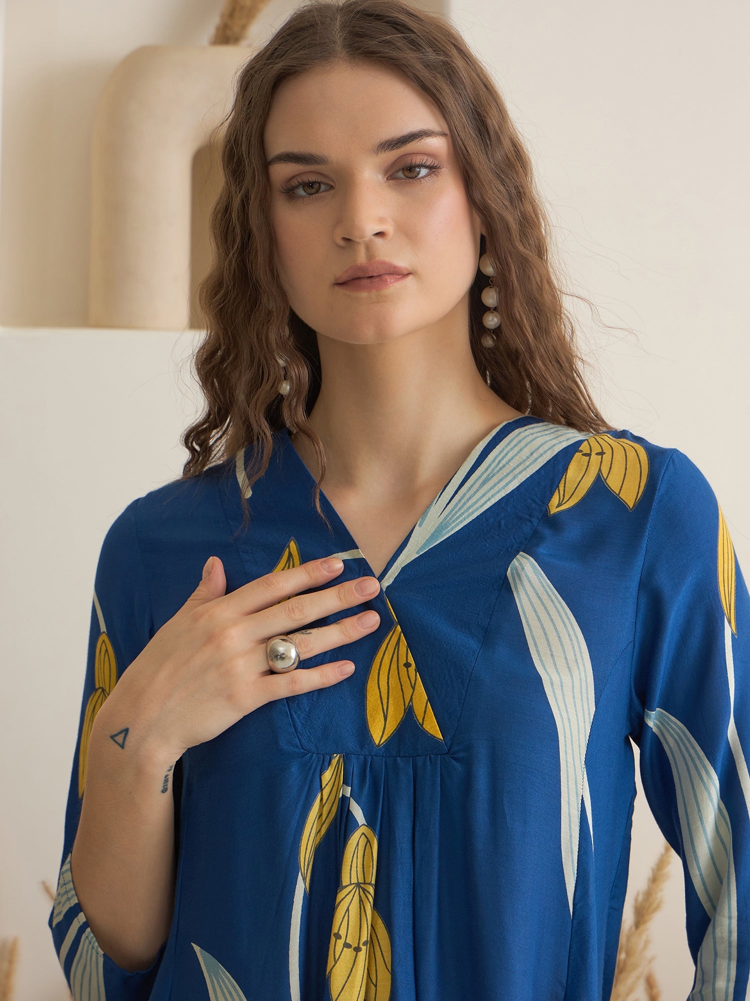 Blue Color V-Neck Silk Blend Printed Co-ords Set for Women