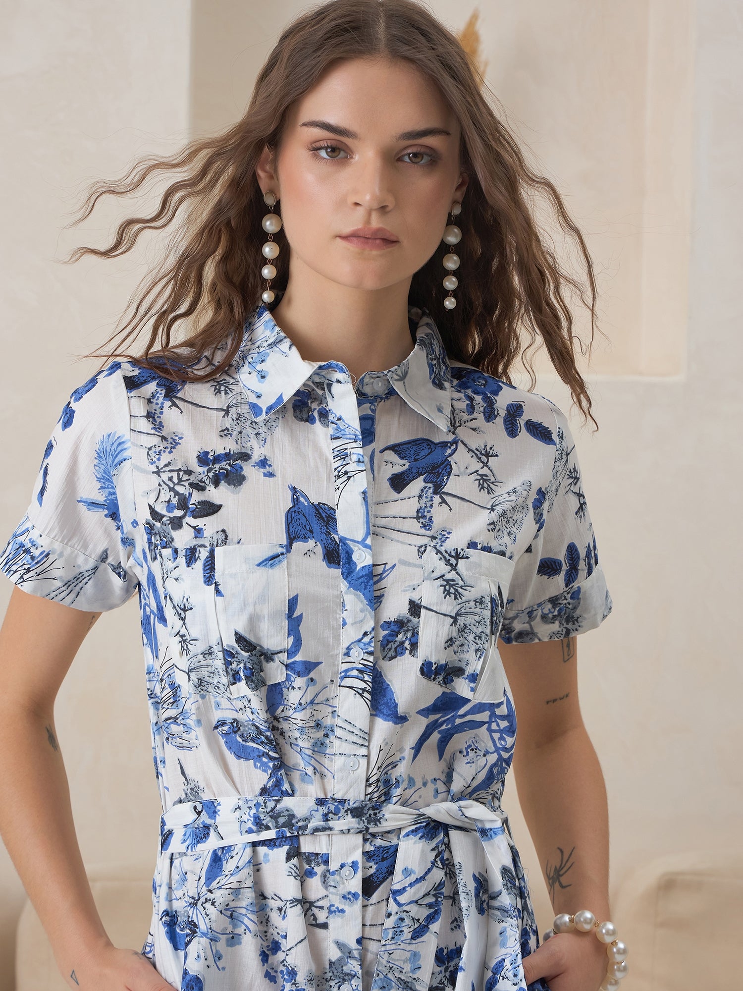 White Floral Printed Cotton Jump Suit for Women