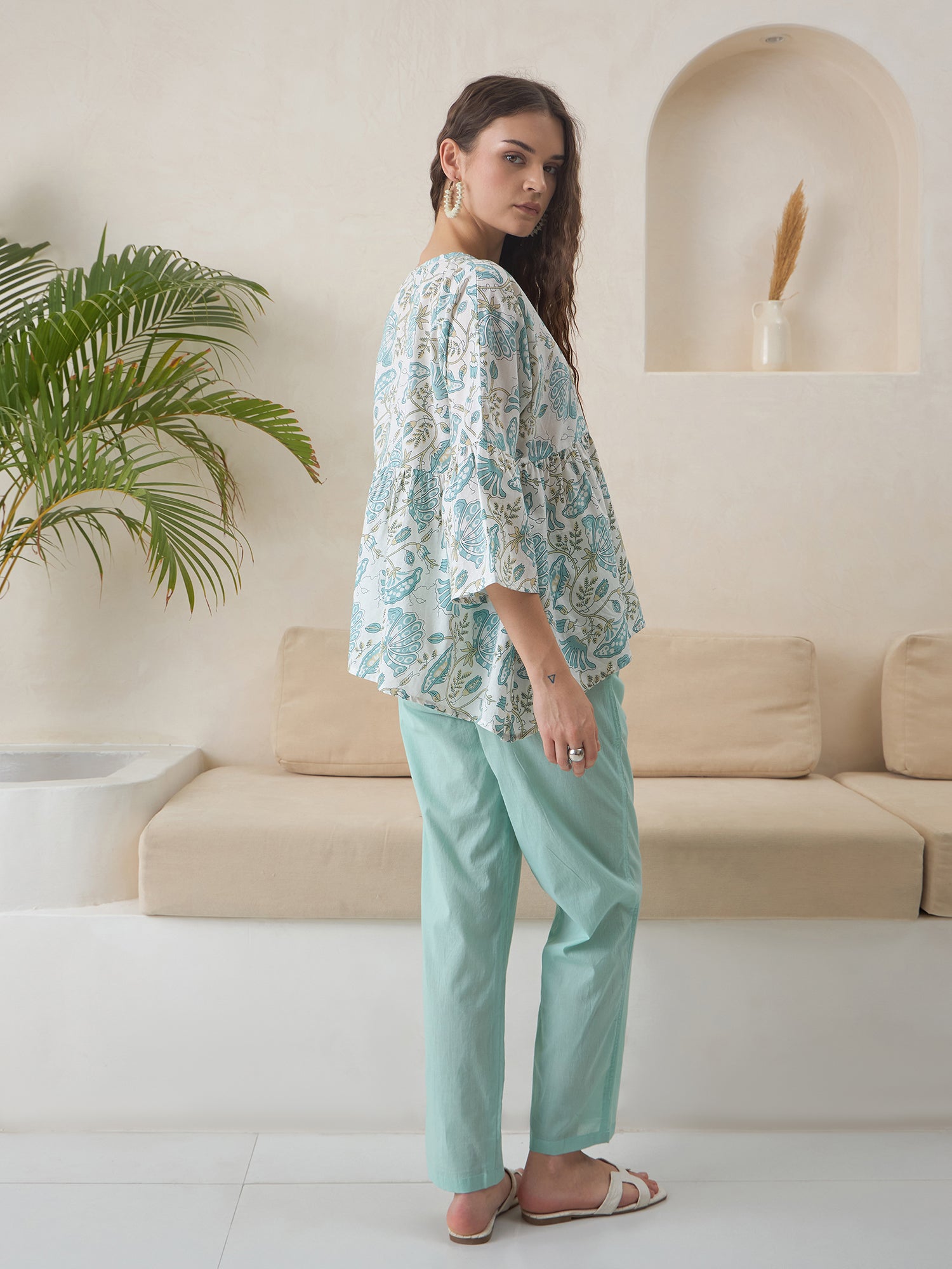 Blue V-Neck Pure Cotton Top Printed Co-ords Set for Women