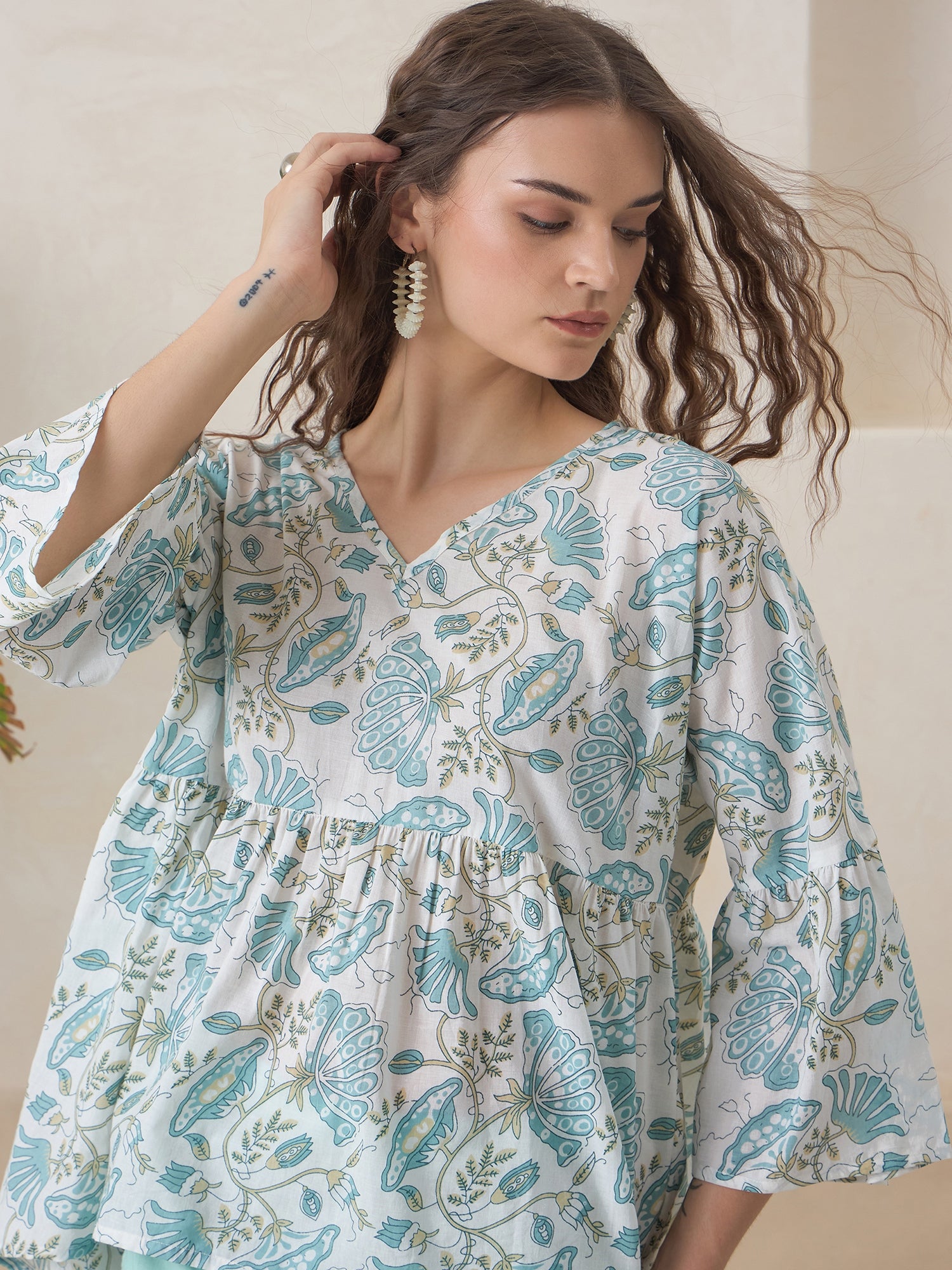 Blue V-Neck Pure Cotton Top Printed Co-ords Set for Women