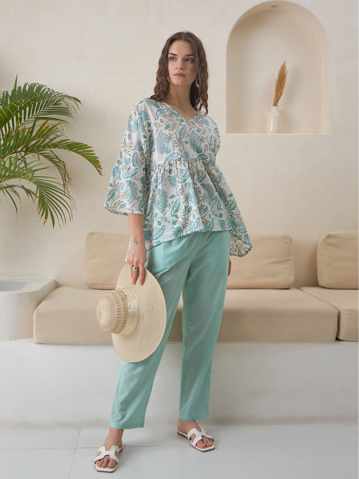 Blue V-Neck Pure Cotton Top Printed Co-ords Set for Women