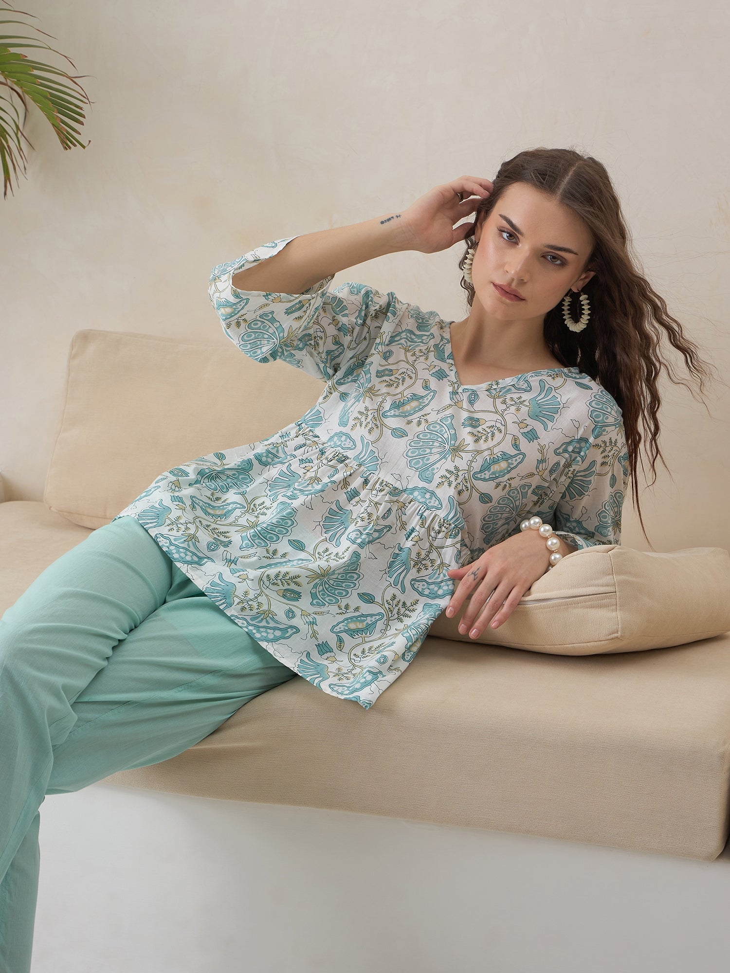 Blue V-Neck Pure Cotton Top Printed Co-ords Set for Women