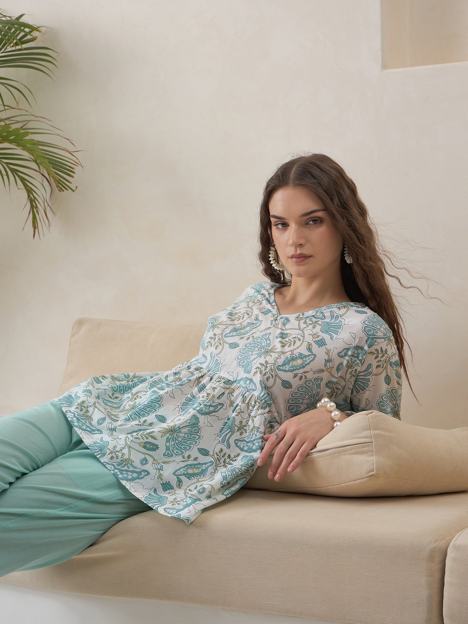 Blue V-Neck Pure Cotton Top Printed Co-ords Set for Women