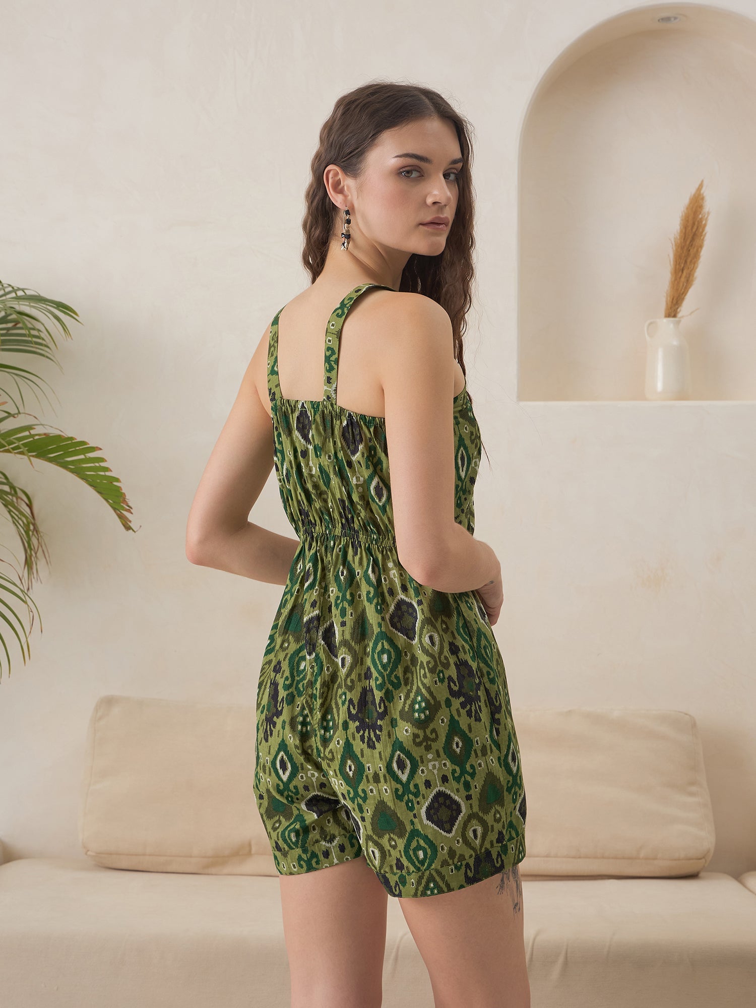 Green Ethnic Motifs Printed Jump Suit for Women - SanskrutiHomes
