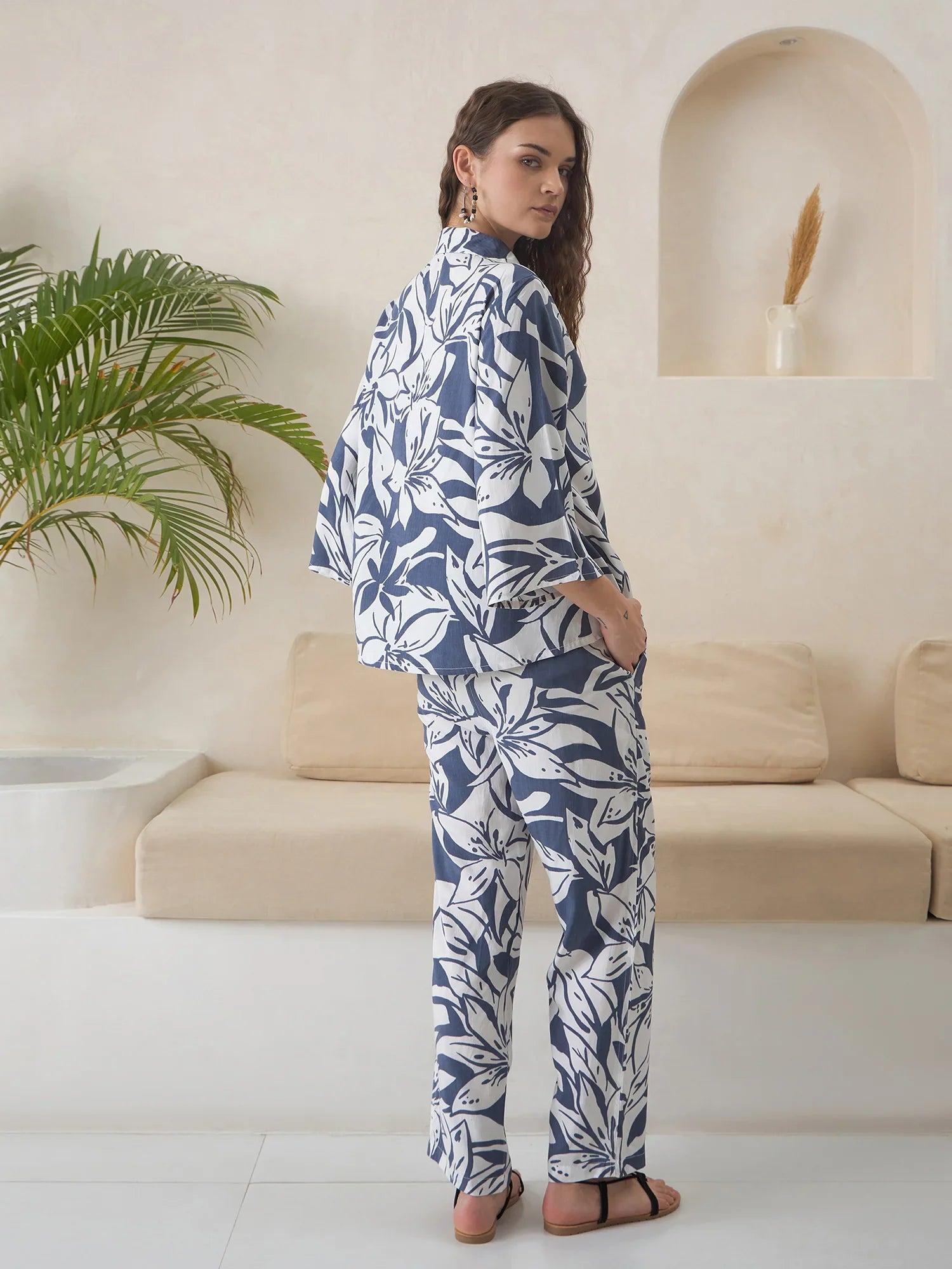 Blue Shirt Collar Viscose Rayon Co-ords Set for Women - SanskrutiHomes