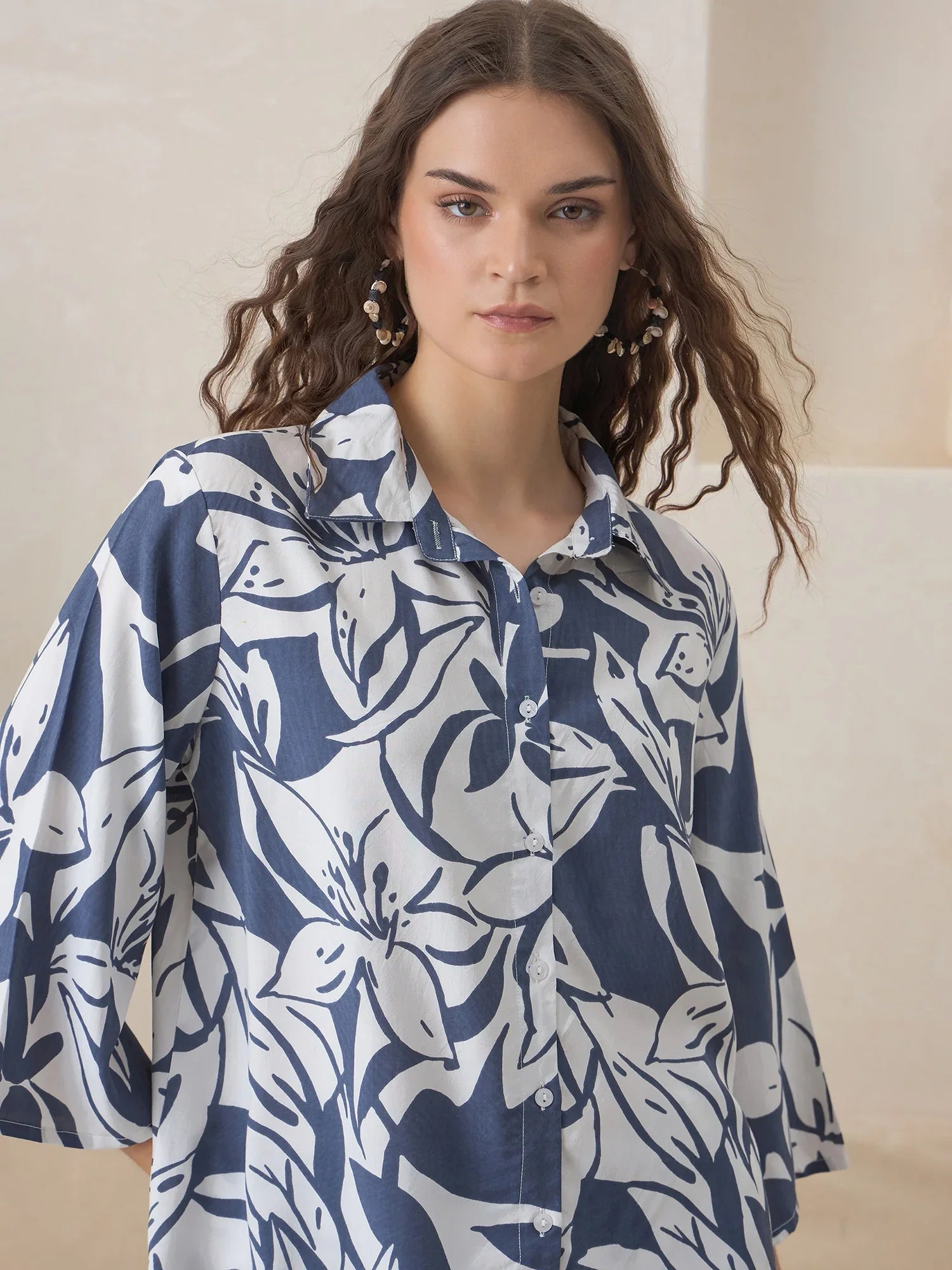 Blue Color Shirt Collar Viscose Rayon Printed Co-ords Set for Women - SanskrutiHomes