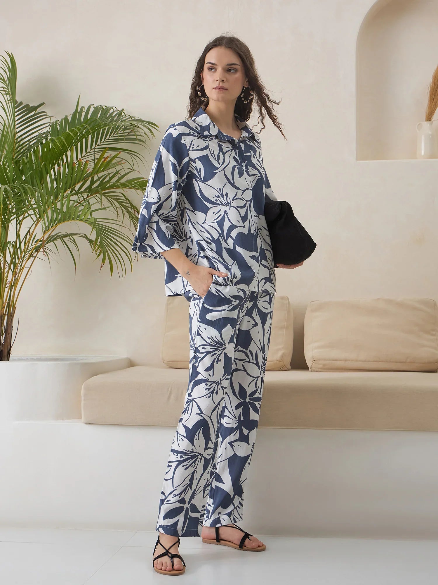 Blue Shirt Collar Viscose Rayon Co-ords Set for Women - SanskrutiHomes