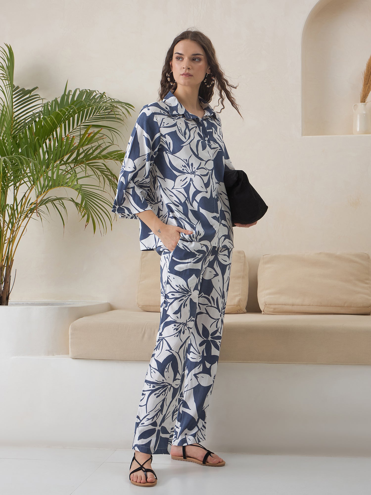 Blue Color Shirt Collar Viscose Rayon Printed Co-ords Set for Women