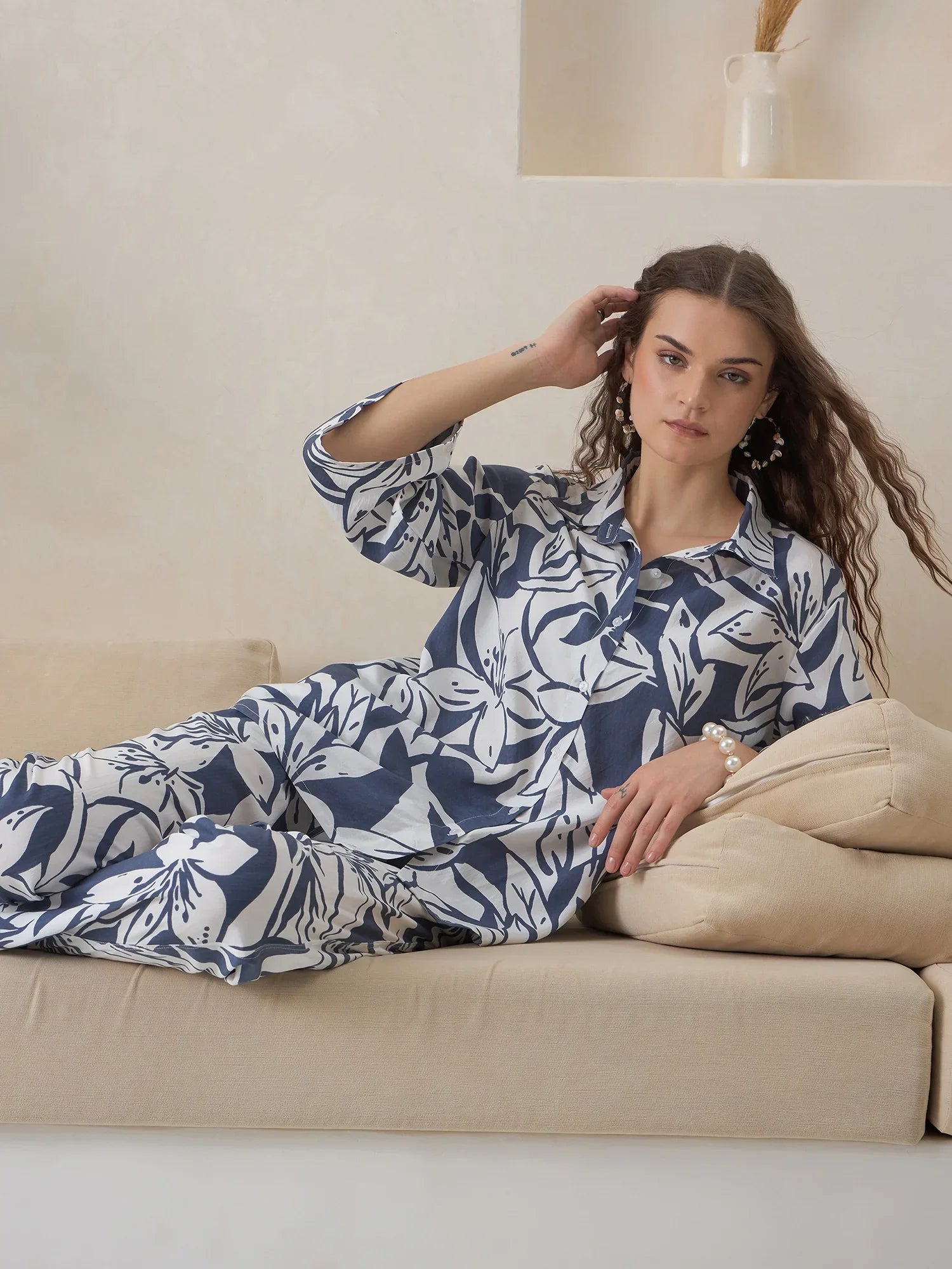 Blue Shirt Collar Viscose Rayon Co-ords Set for Women - SanskrutiHomes