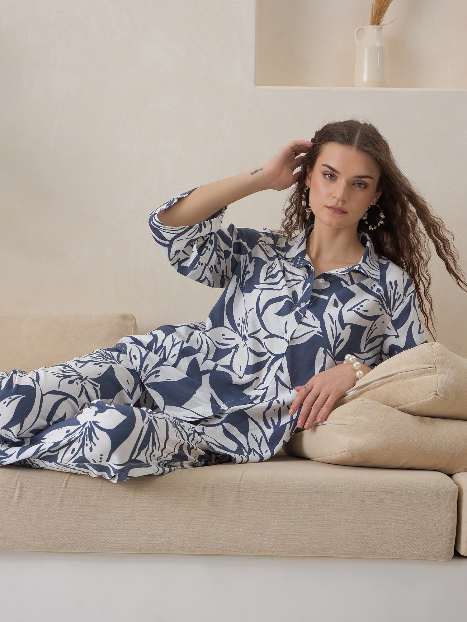 Blue Color Shirt Collar Viscose Rayon Printed Co-ords Set for Women