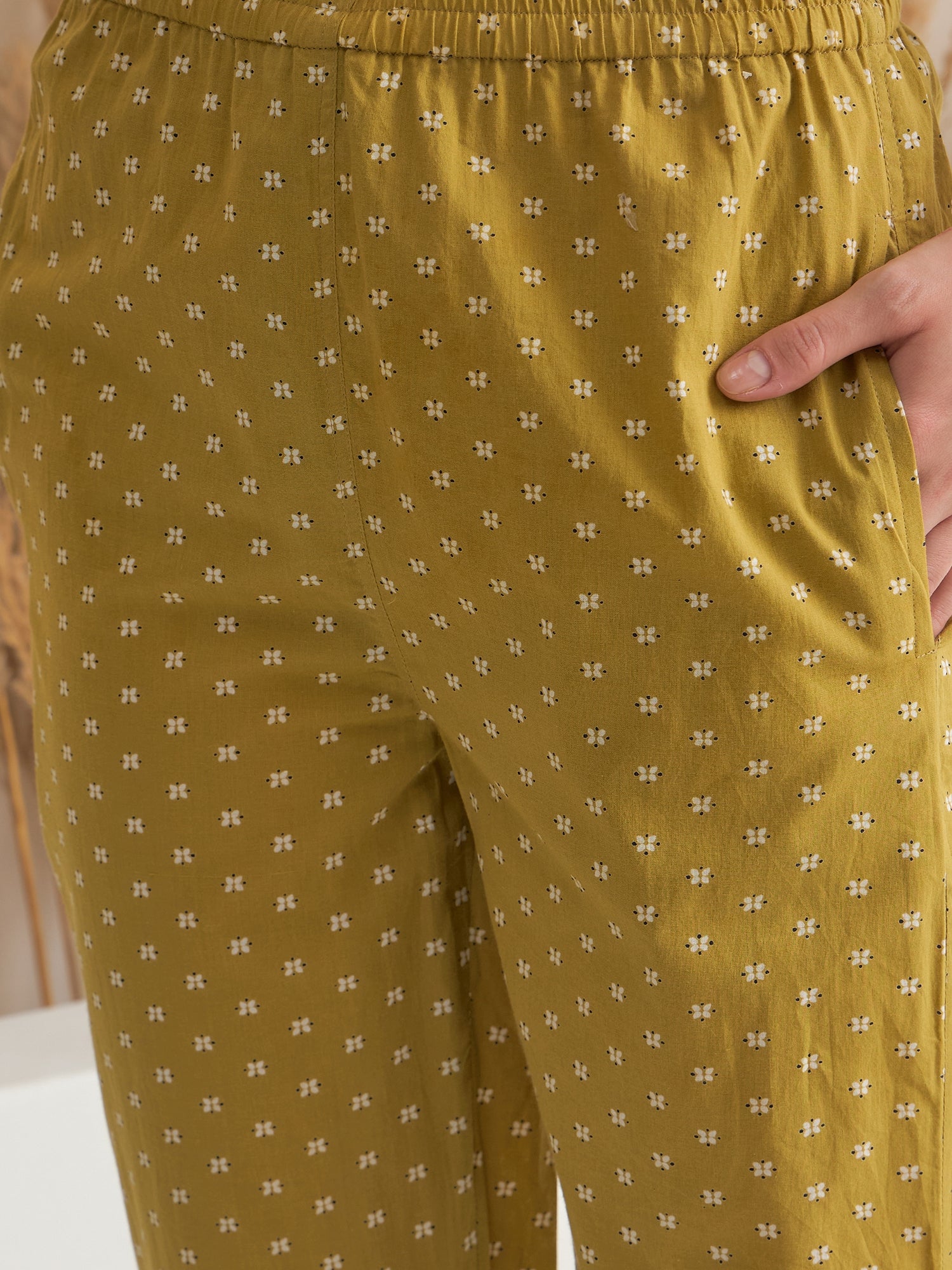 Yellow Round Neck Pure Cotton Printed Night Suit for Women