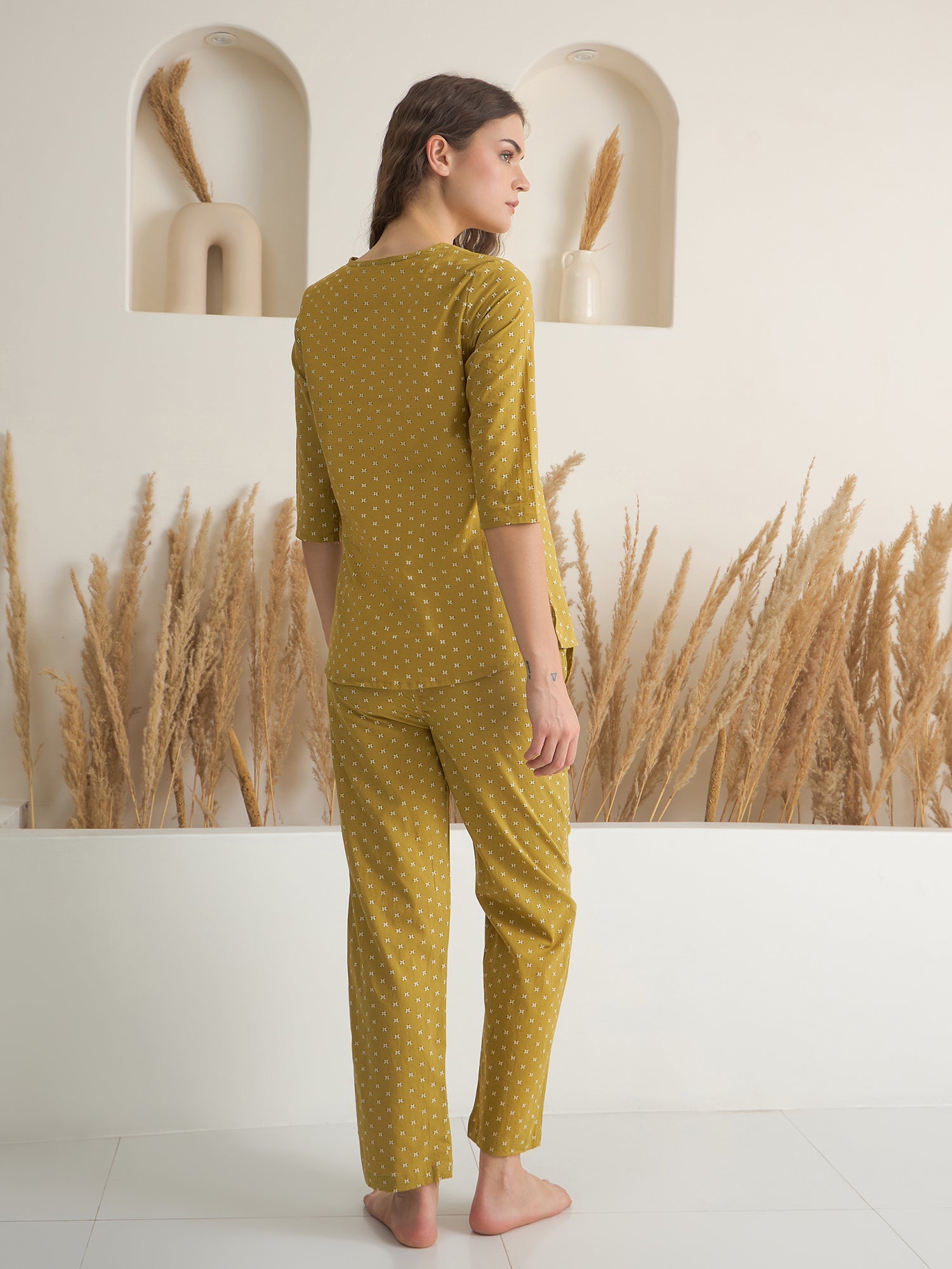 Yellow Round Neck Pure Cotton Printed Night Suit for Women - SanskrutiHomes