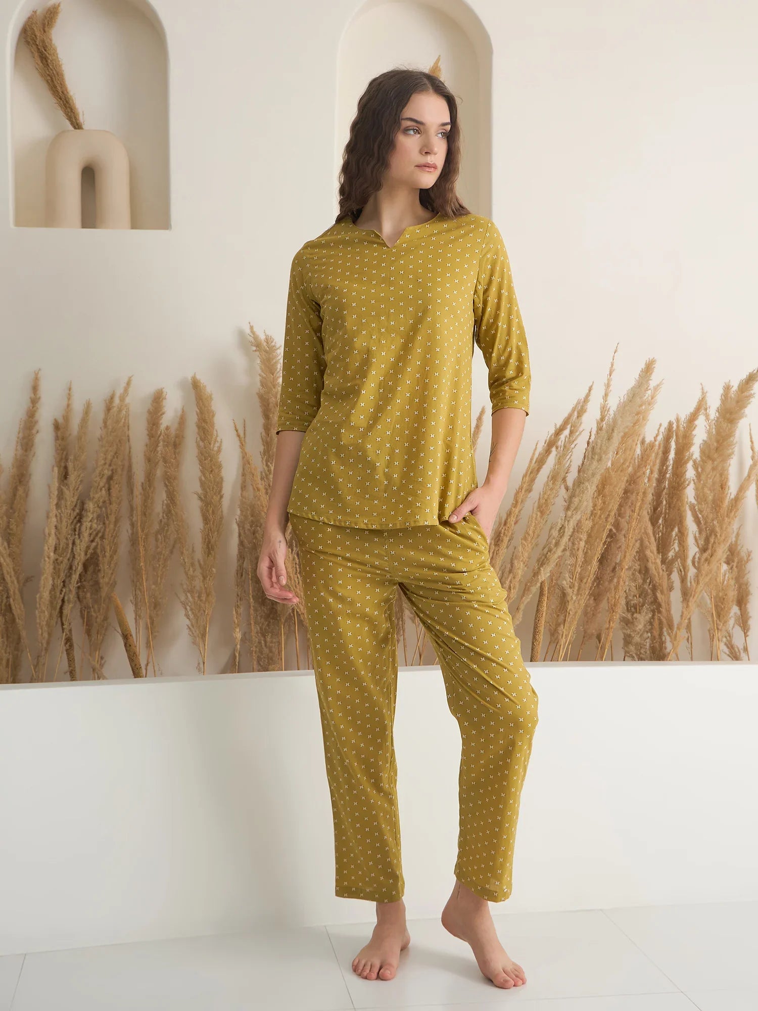 Yellow Round Neck Pure Cotton Printed Night Suit for Women - SanskrutiHomes