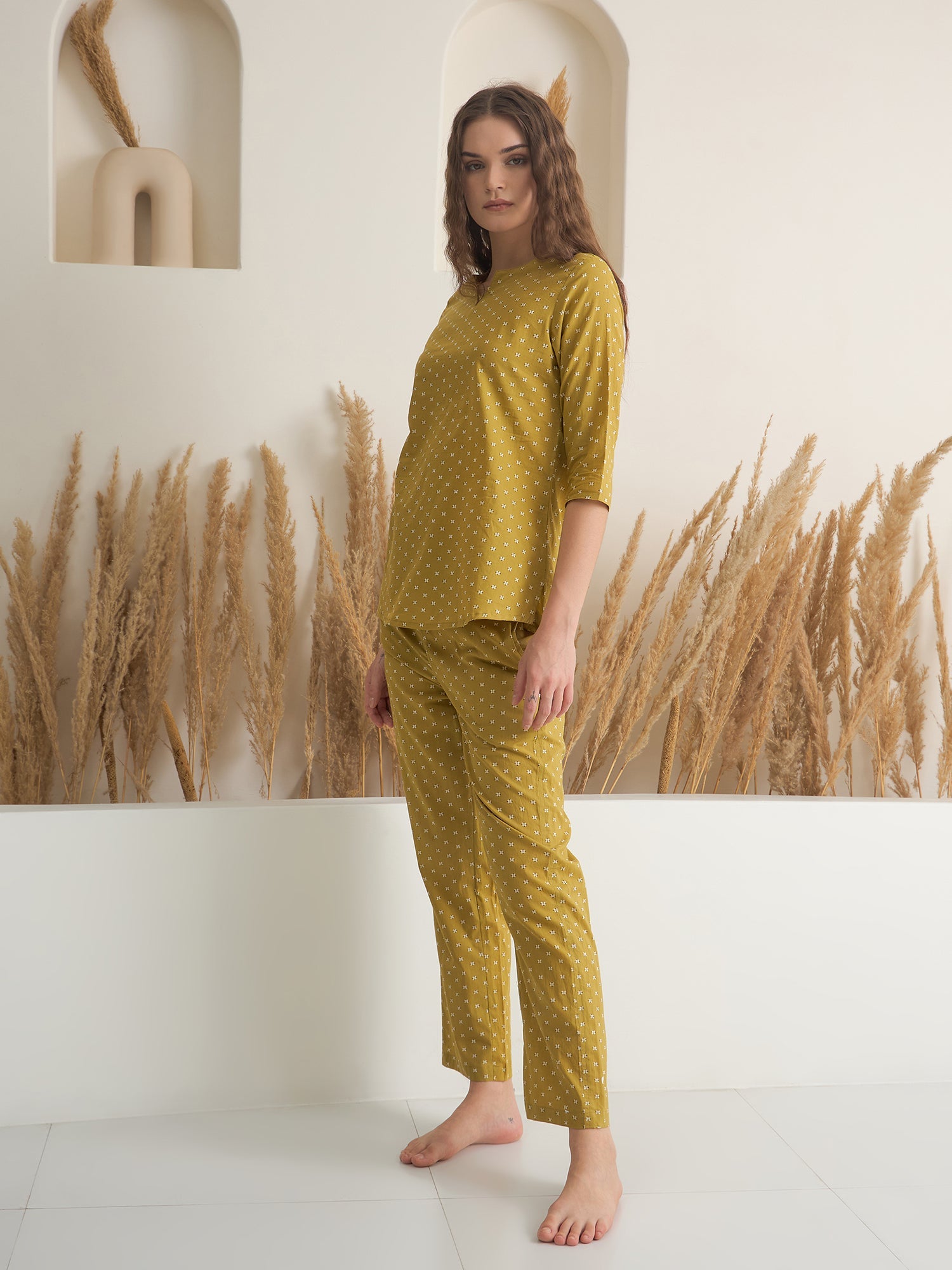 Yellow Round Neck Pure Cotton Printed Night Suit for Women - SanskrutiHomes