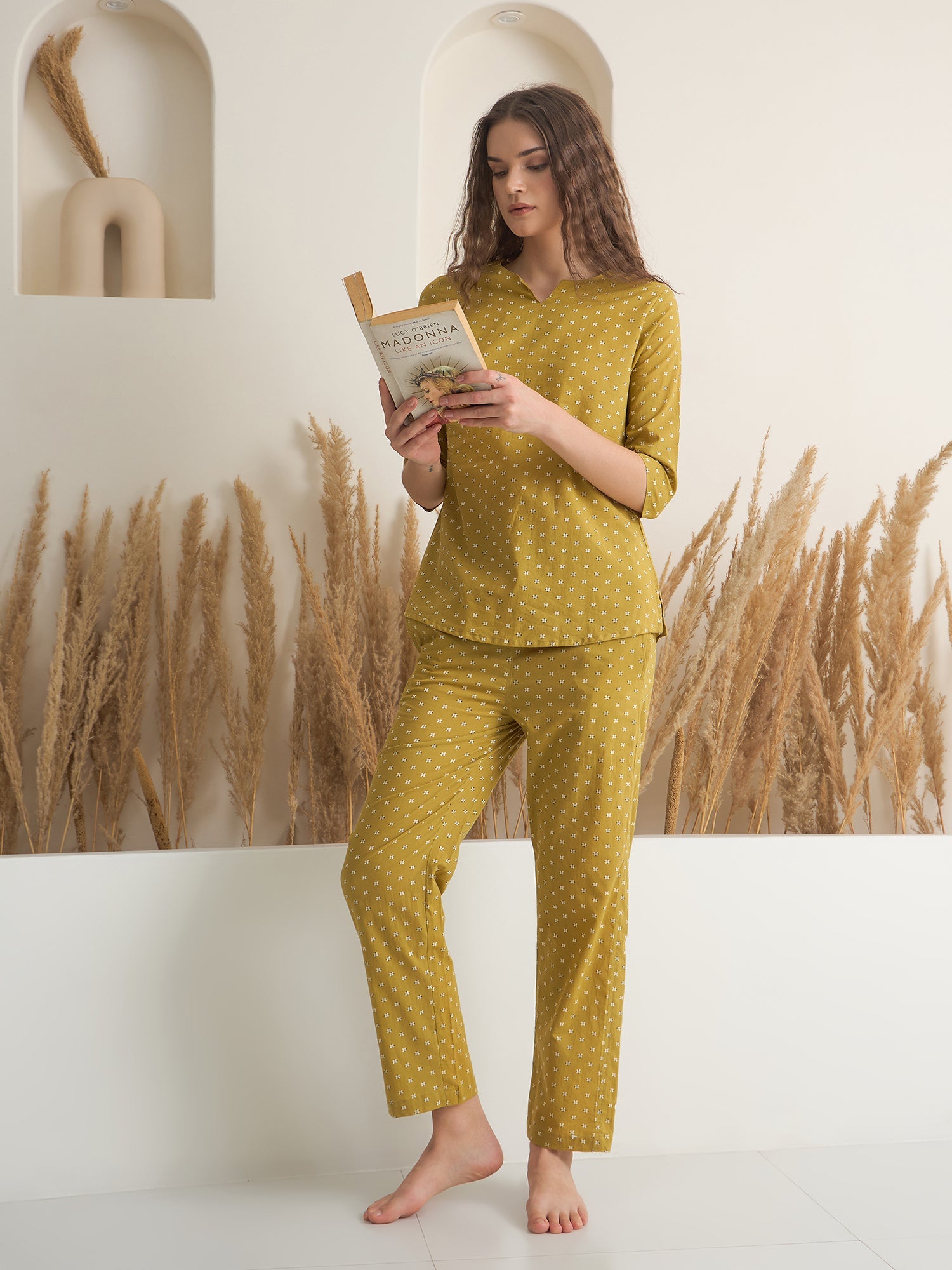 Yellow Round Neck Pure Cotton Printed Night Suit for Women - SanskrutiHomes