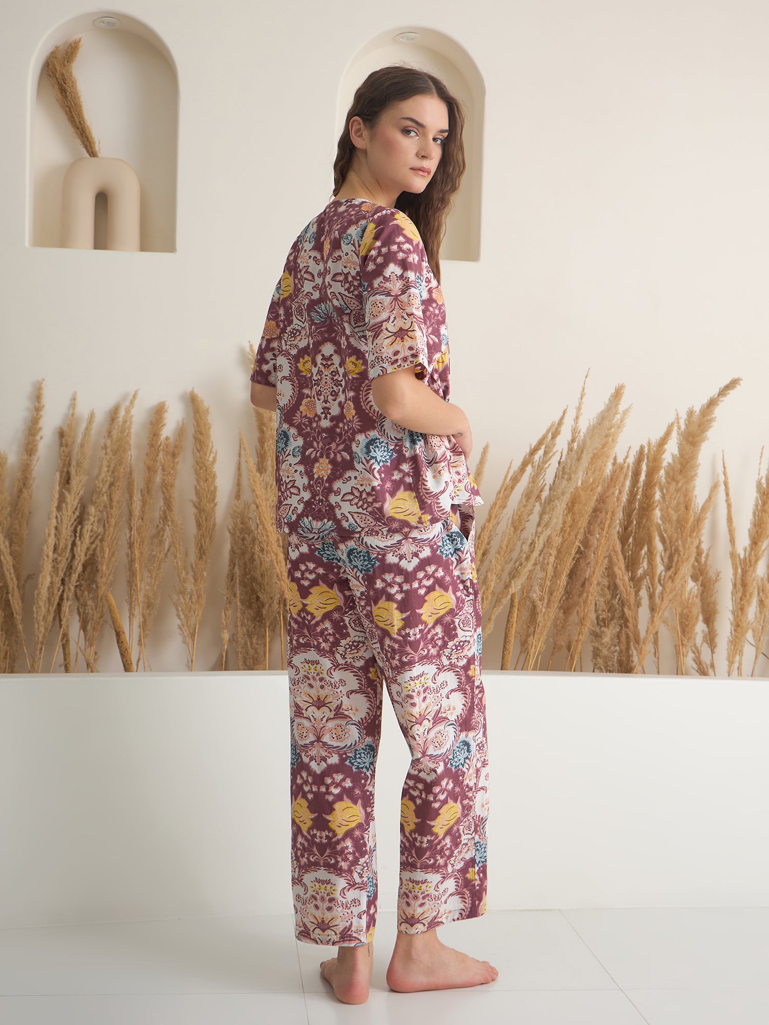 Rust V-Neck Pure Cotton Printed Night Suit for Women