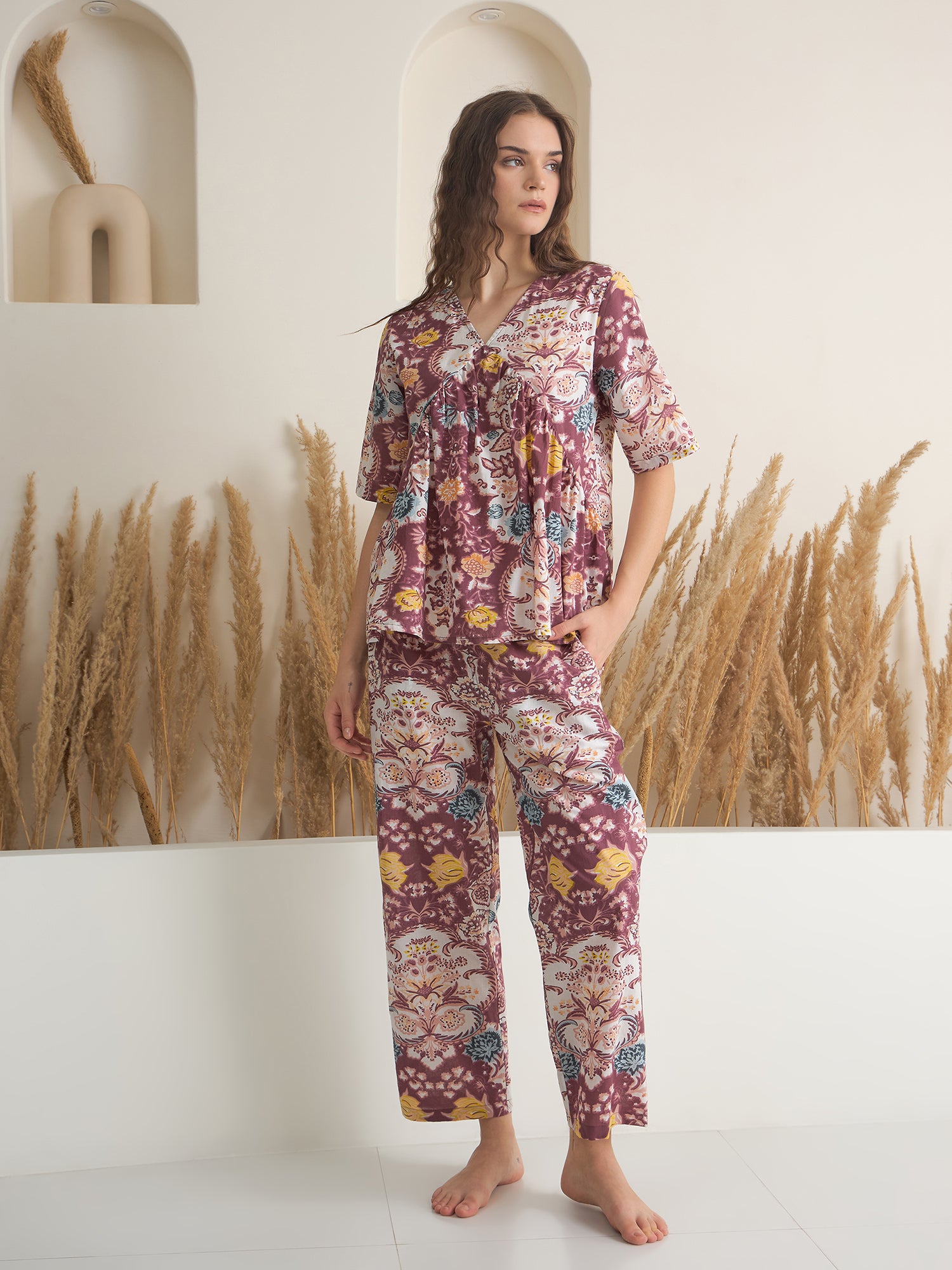 Rust V-Neck Pure Cotton Printed Night Suit for Women