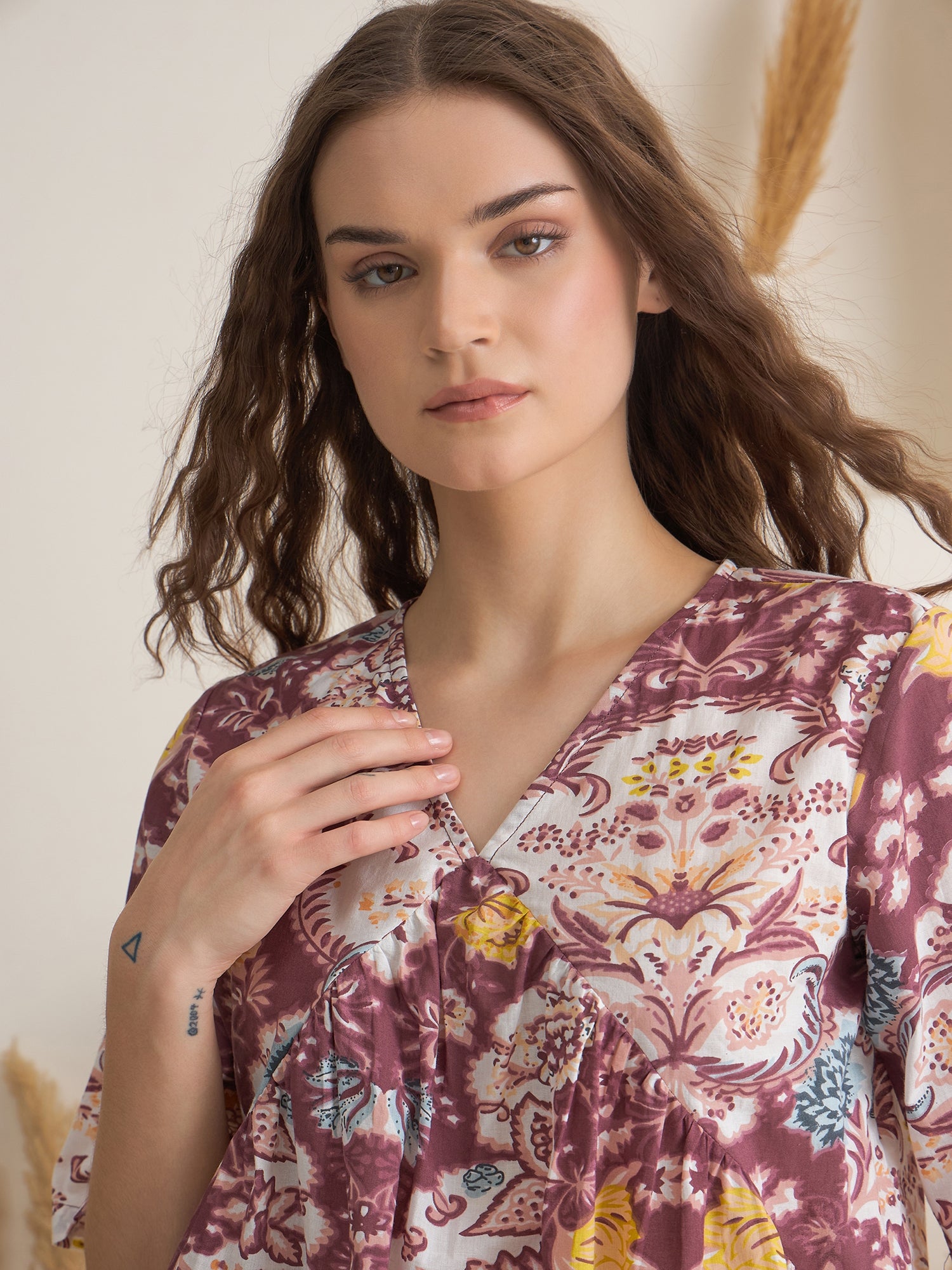 Rust V-Neck Pure Cotton Printed Night Suit for Women